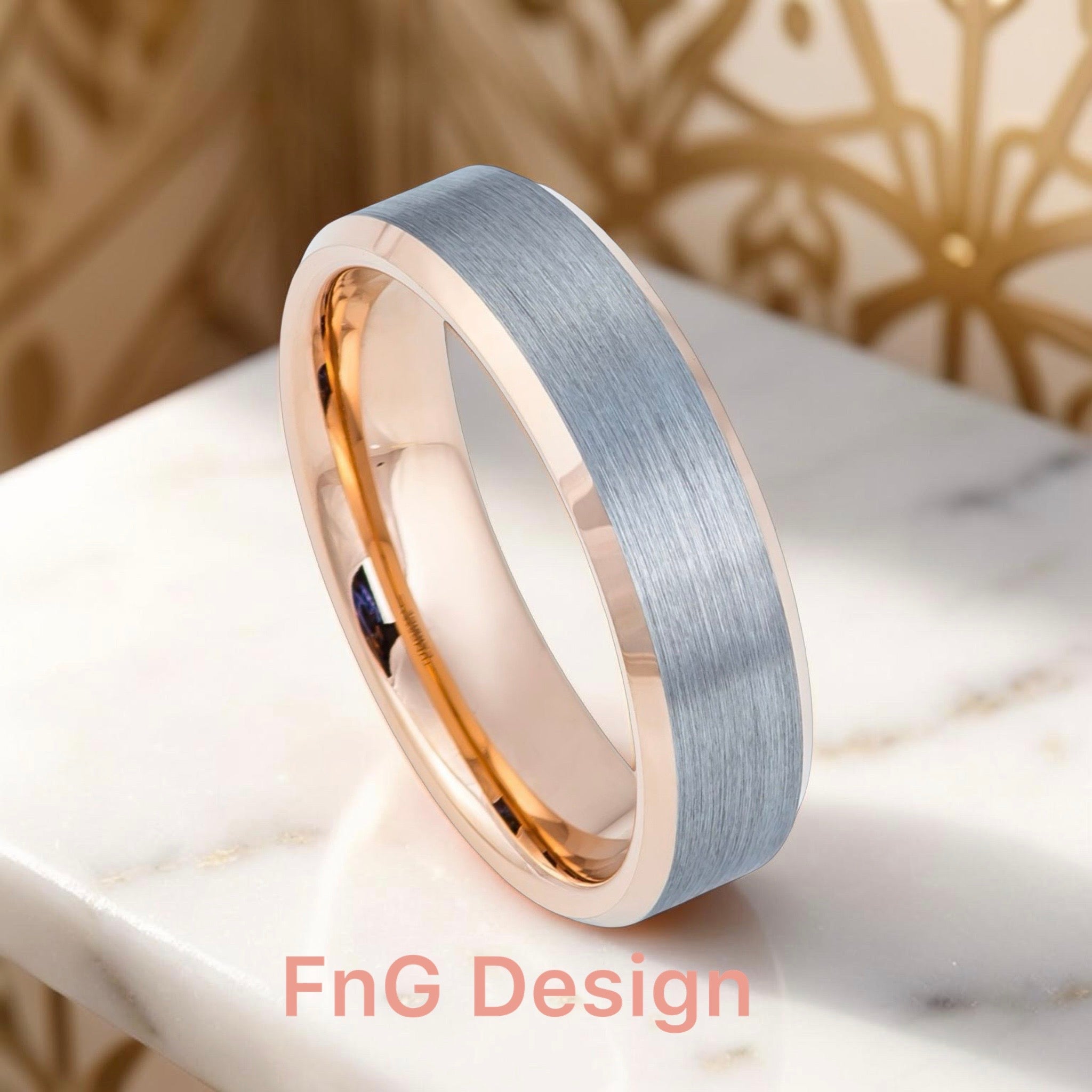 Tungsten Ring Brushed Gun Metal Finish, High Polished Rose Gold Tone IP Plated Beveled Edge Inside – 6mm