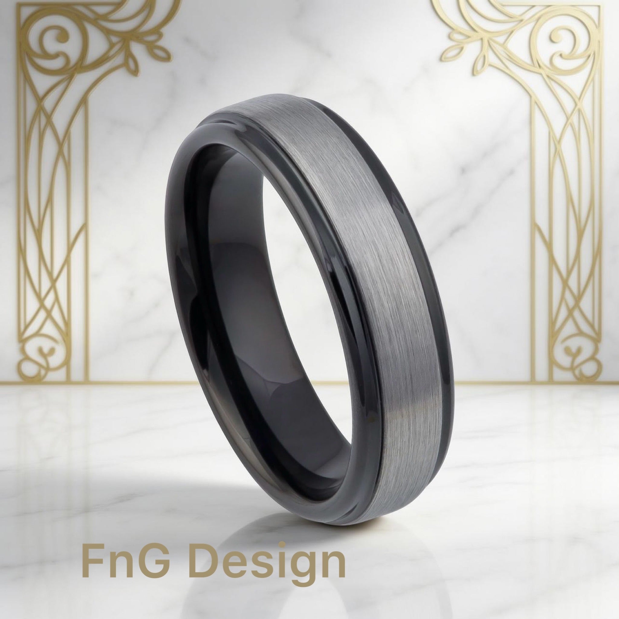 Tungsten Ring Two-tone Black IP Gun Metal Brushed Center Stepped Edge – 6mm
