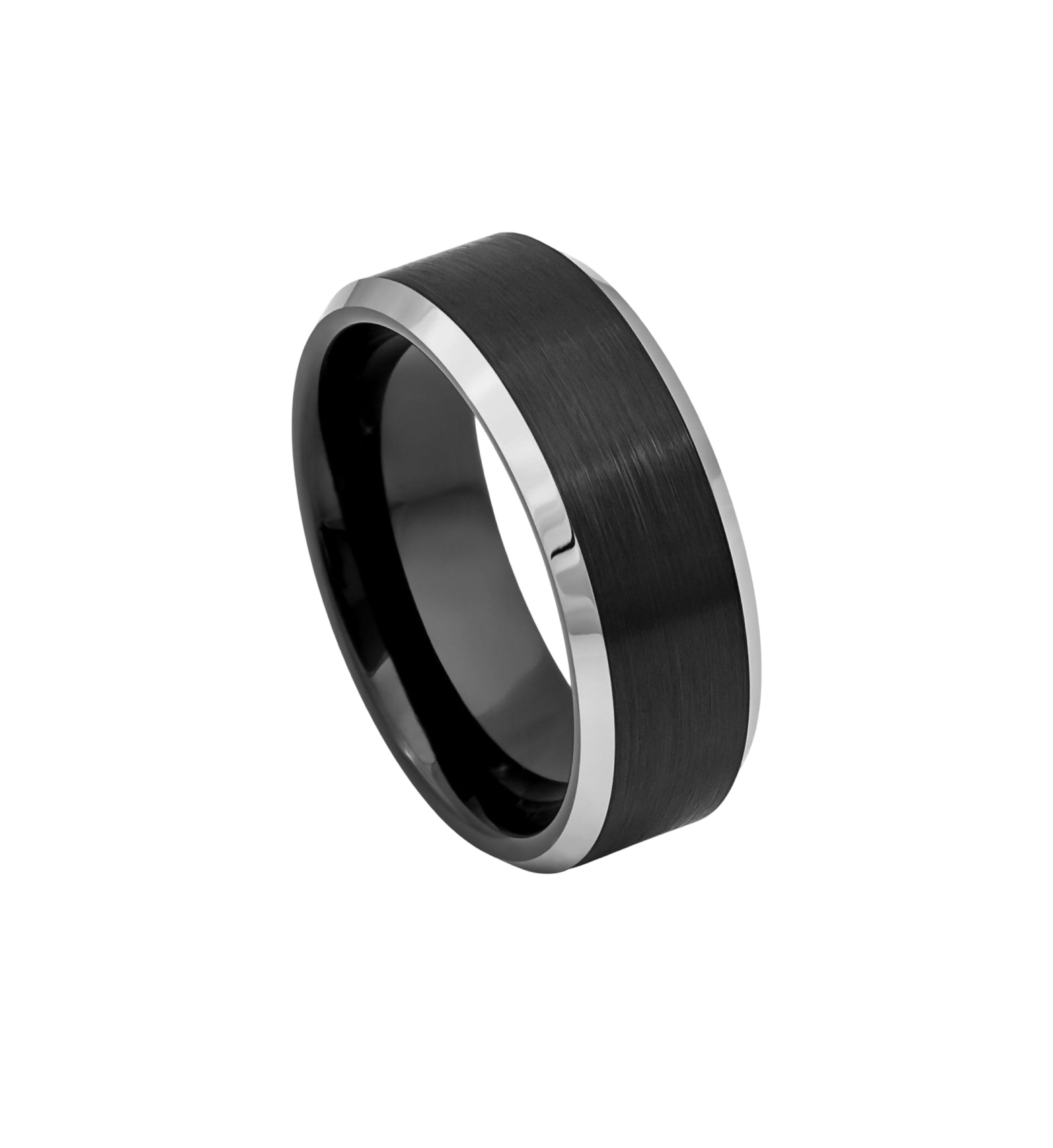 Tungsten Ring Black IP Plated Brushed Center High Polished Steel Color Beveled Edge – 8mm