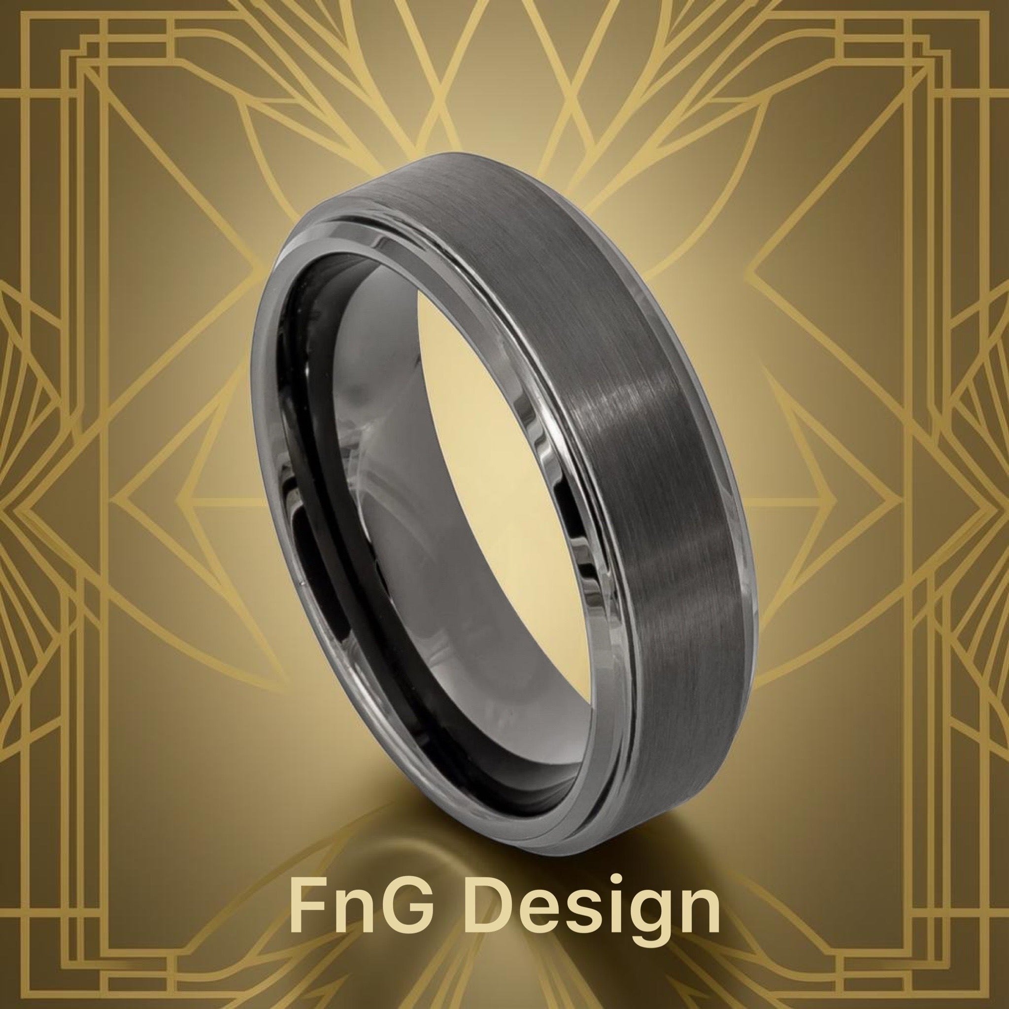 Tungsten Ring Gun Metal IP Plated Brushed Center High Polish Stepped/Beveled Edge 6mm