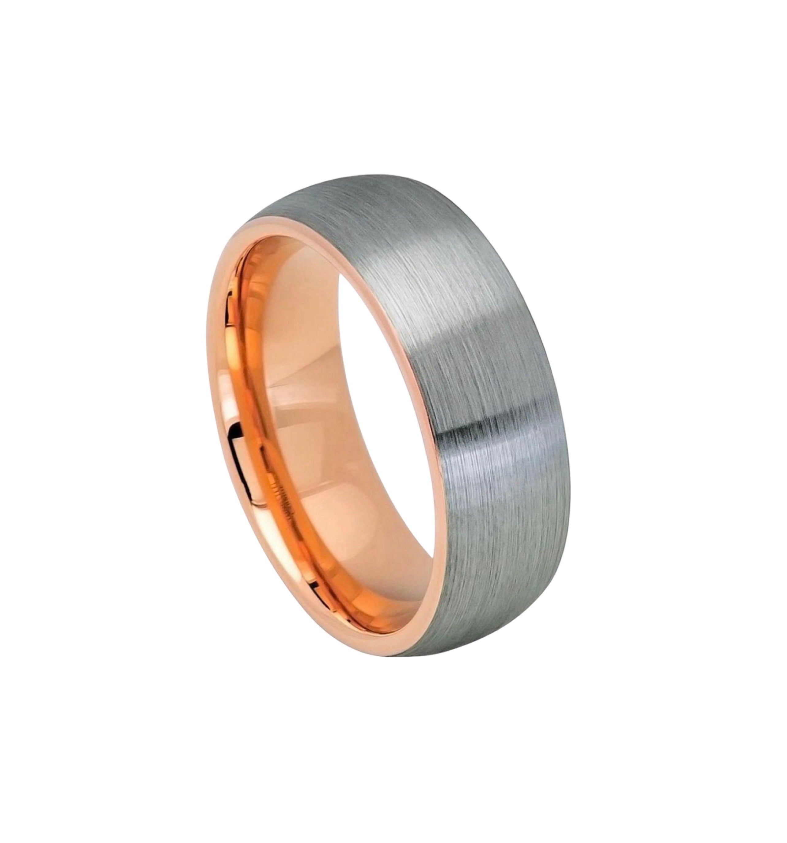 Tungsten Ring Domed Rose Gold IP Plated Inside Gun Metal Brushed Center – 8mm