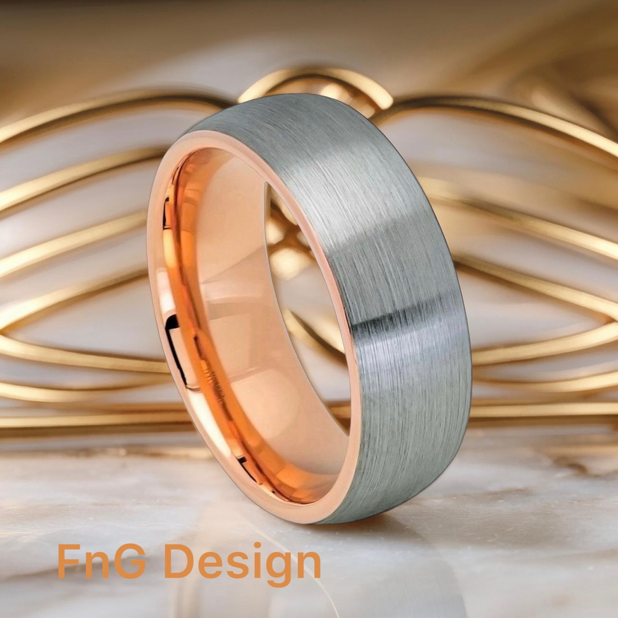 Tungsten Ring Domed Rose Gold IP Plated Inside Gun Metal Brushed Center – 8mm