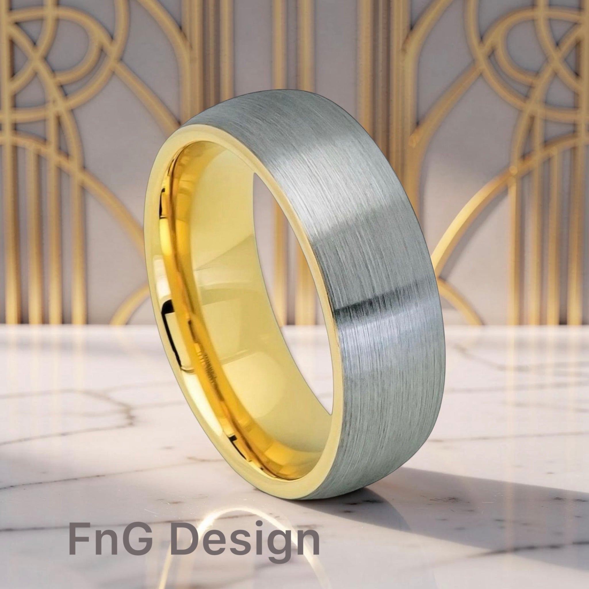 Tungsten Ring Domed Yellow Gold IP Plated Inside & Gun Metal Brushed Center – 8mm