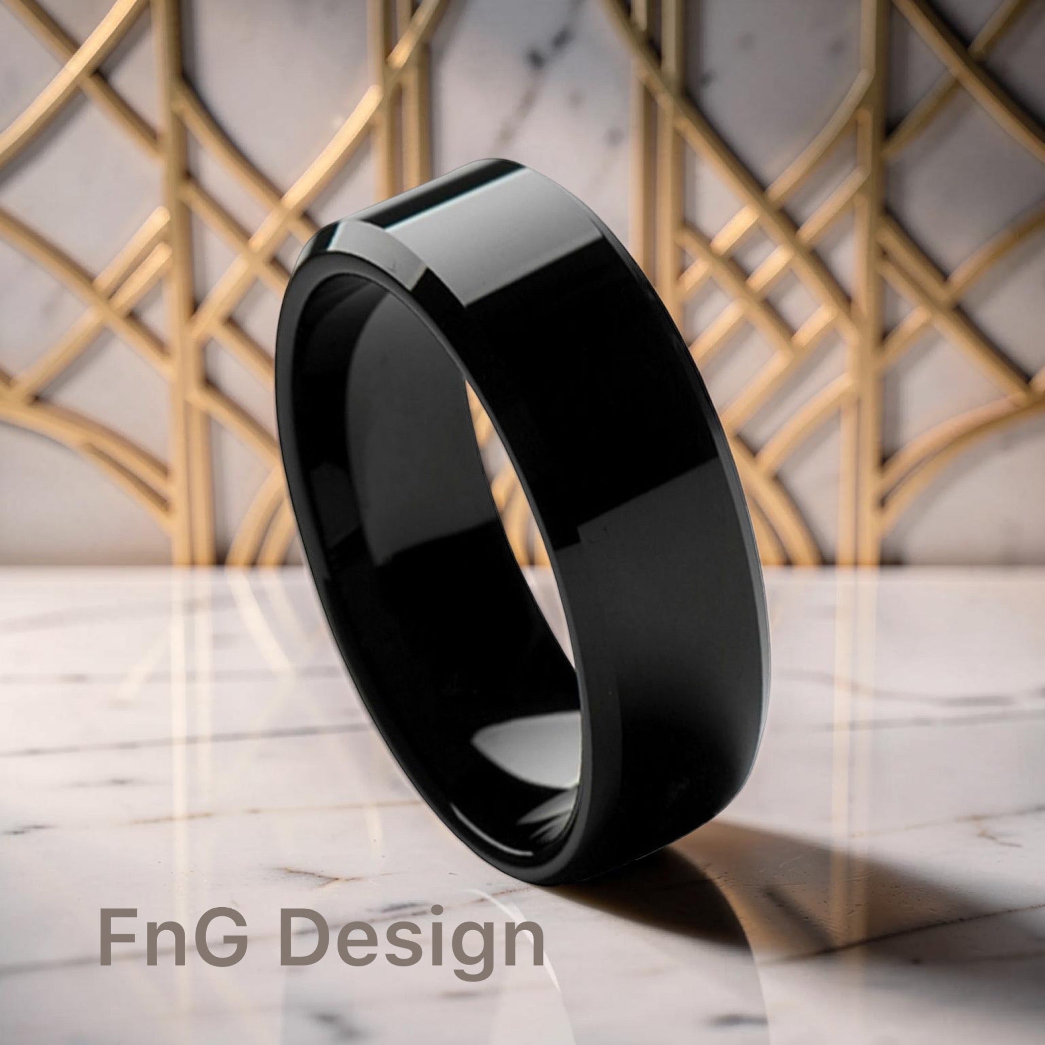 Tungsten Ring High Polished Black IP Plated Beveled Edge – 8mm