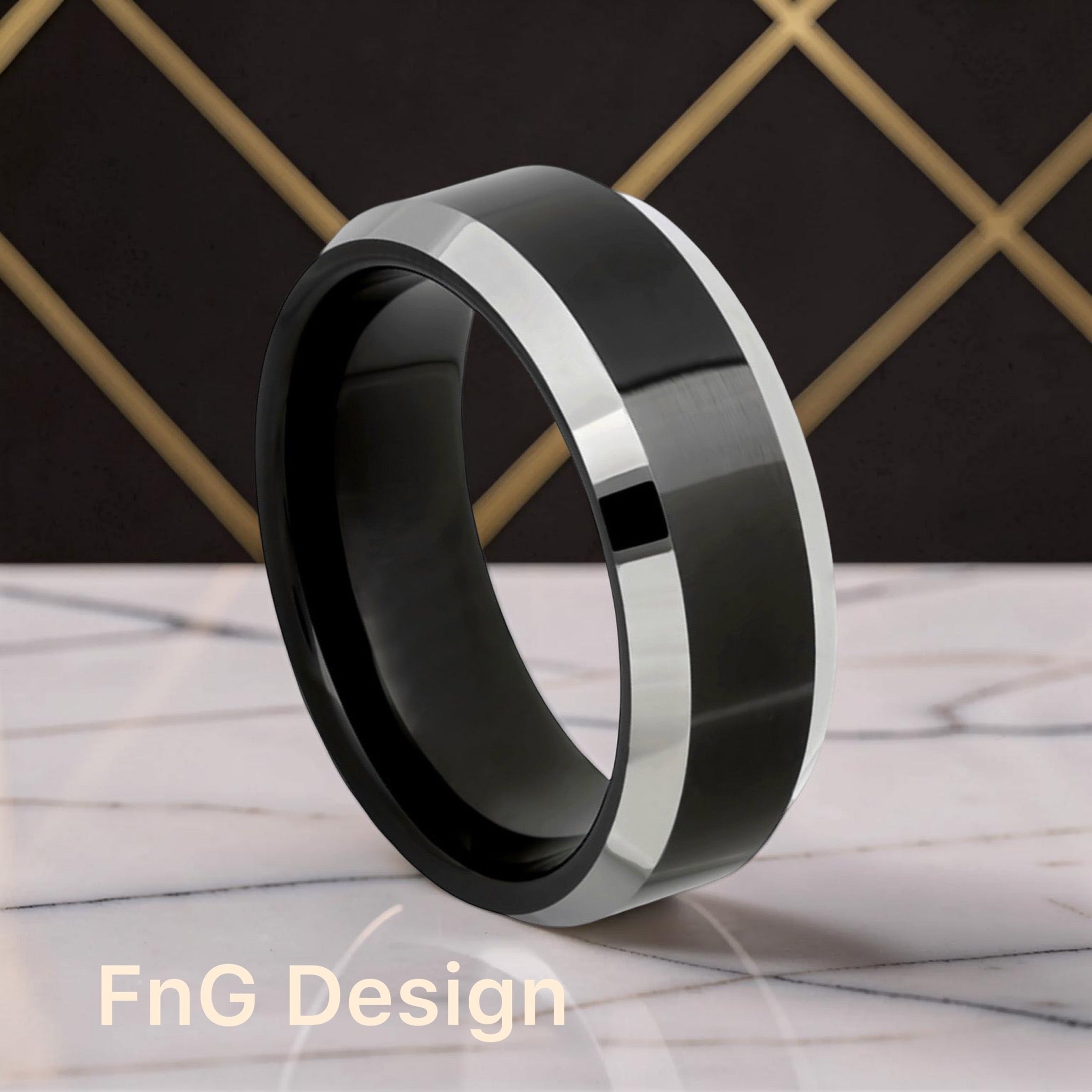 Tungsten Ring Black IP Plated Center High Polished Steel Color Beveled Edge Finish– 8mm