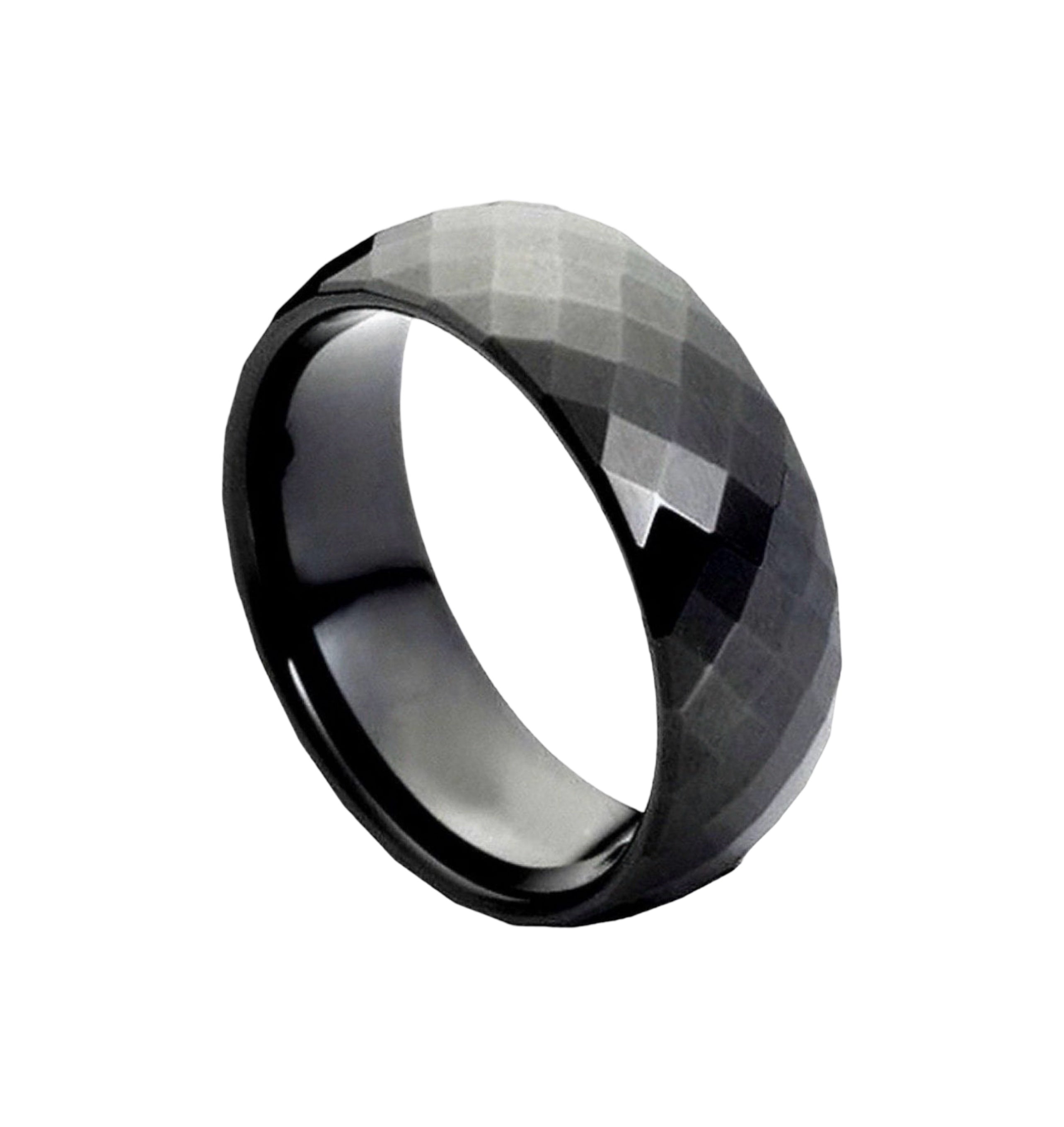 Tungsten Ring Domed Black IP Multi-Faceted Ring – 8mm