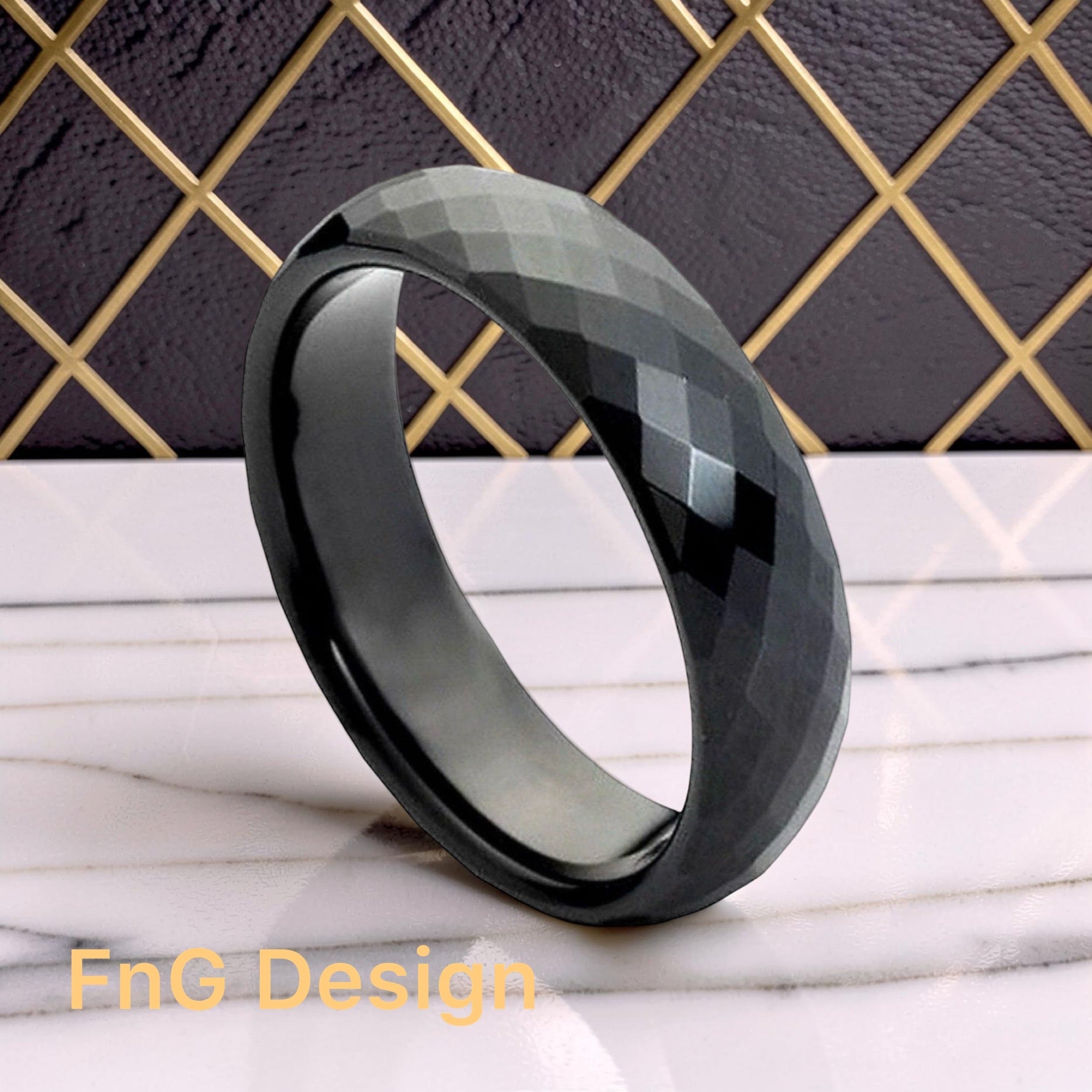 Tungsten Ring Black IP Faceted Ring – 6mm