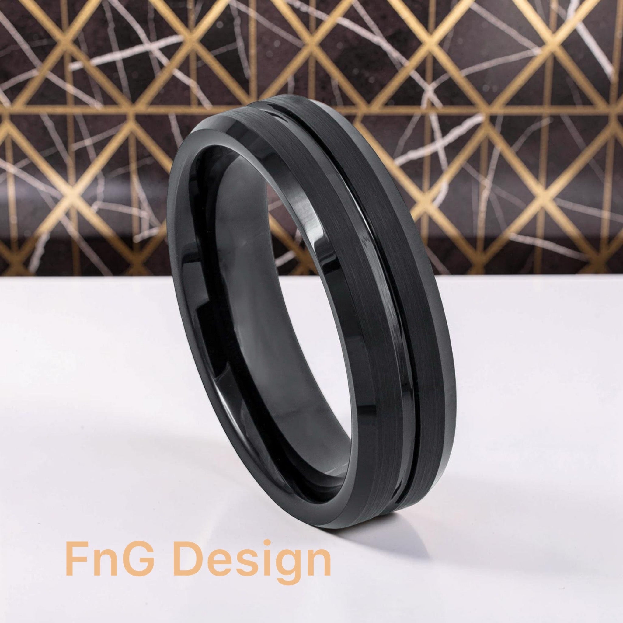 Tungsten Ring Black IP Plated Shiny Grooved Center Brushed Beveled Edge – 8mm