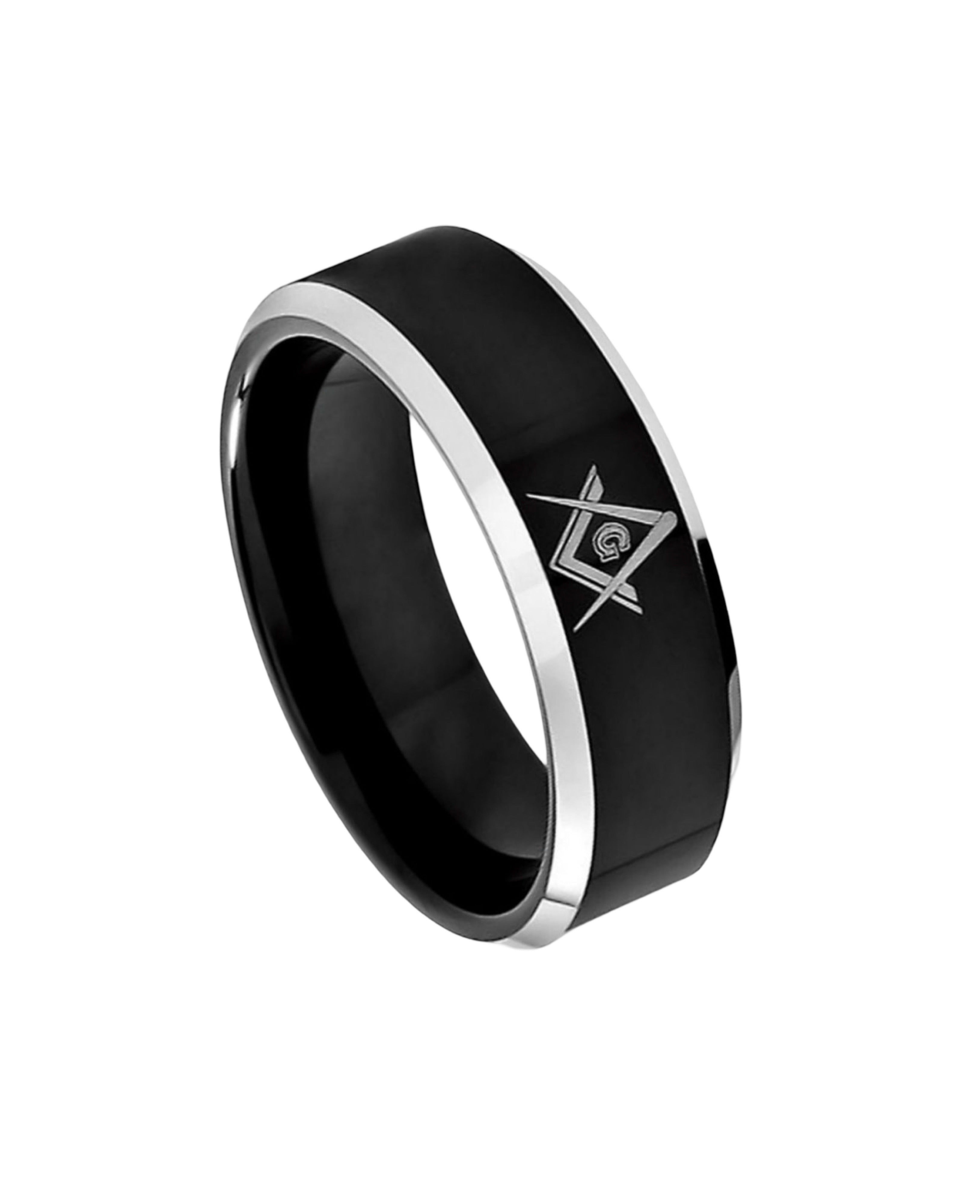 Tungsten Ring Black IP Plated High Polish Laser Engraved Freemasonry Masonic Symbol Compass & Square, Beveled Edge – 8mm