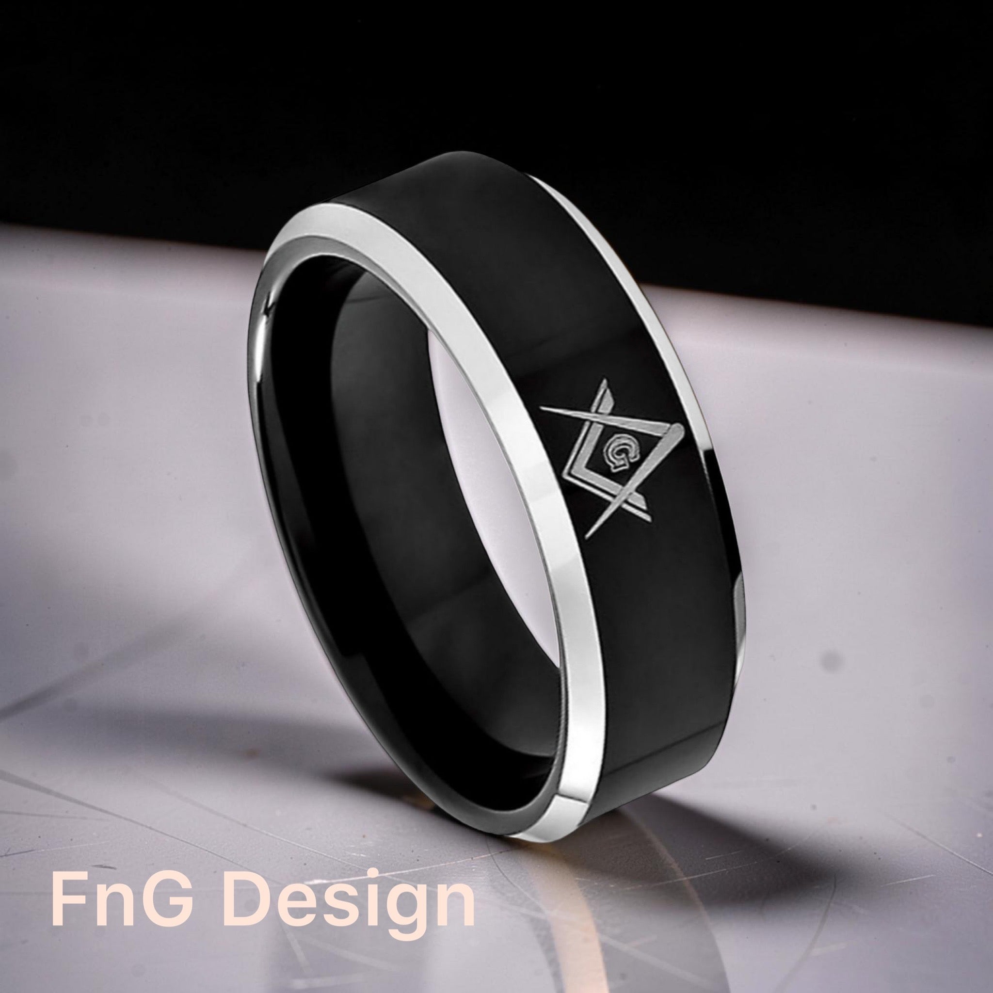 Tungsten Ring Black IP Plated High Polish Laser Engraved Freemasonry Masonic Symbol Compass & Square, Beveled Edge – 8mm