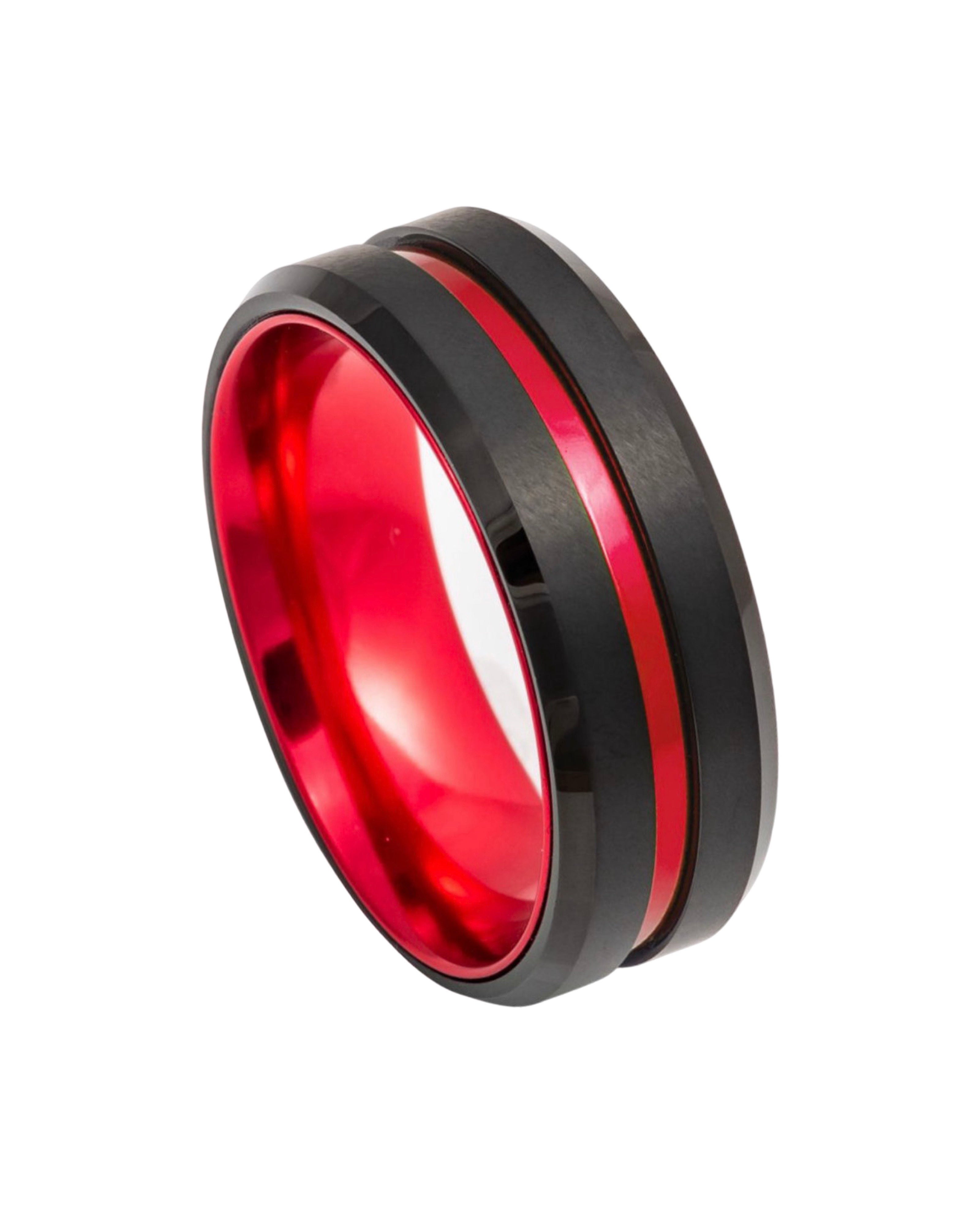 Tungsten Ring Black IP Plated, Grooved Center with Red Anodized Aluminum Sleeve - 8mm