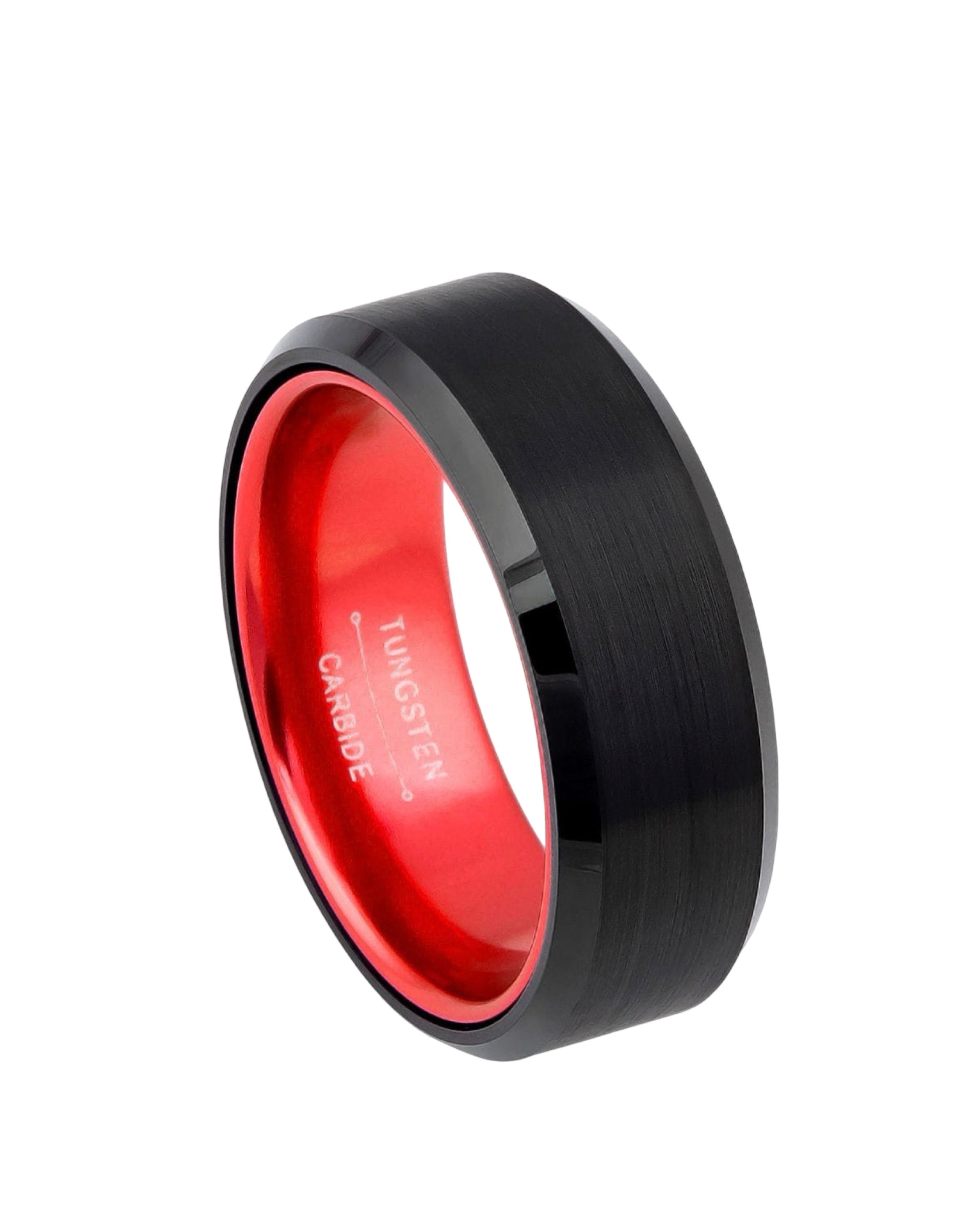 Tungsten Ring Black IP Brushed Center, Shiny Beveled Edge with Red Anodized Aluminum Sleeve/Insert - 8mm