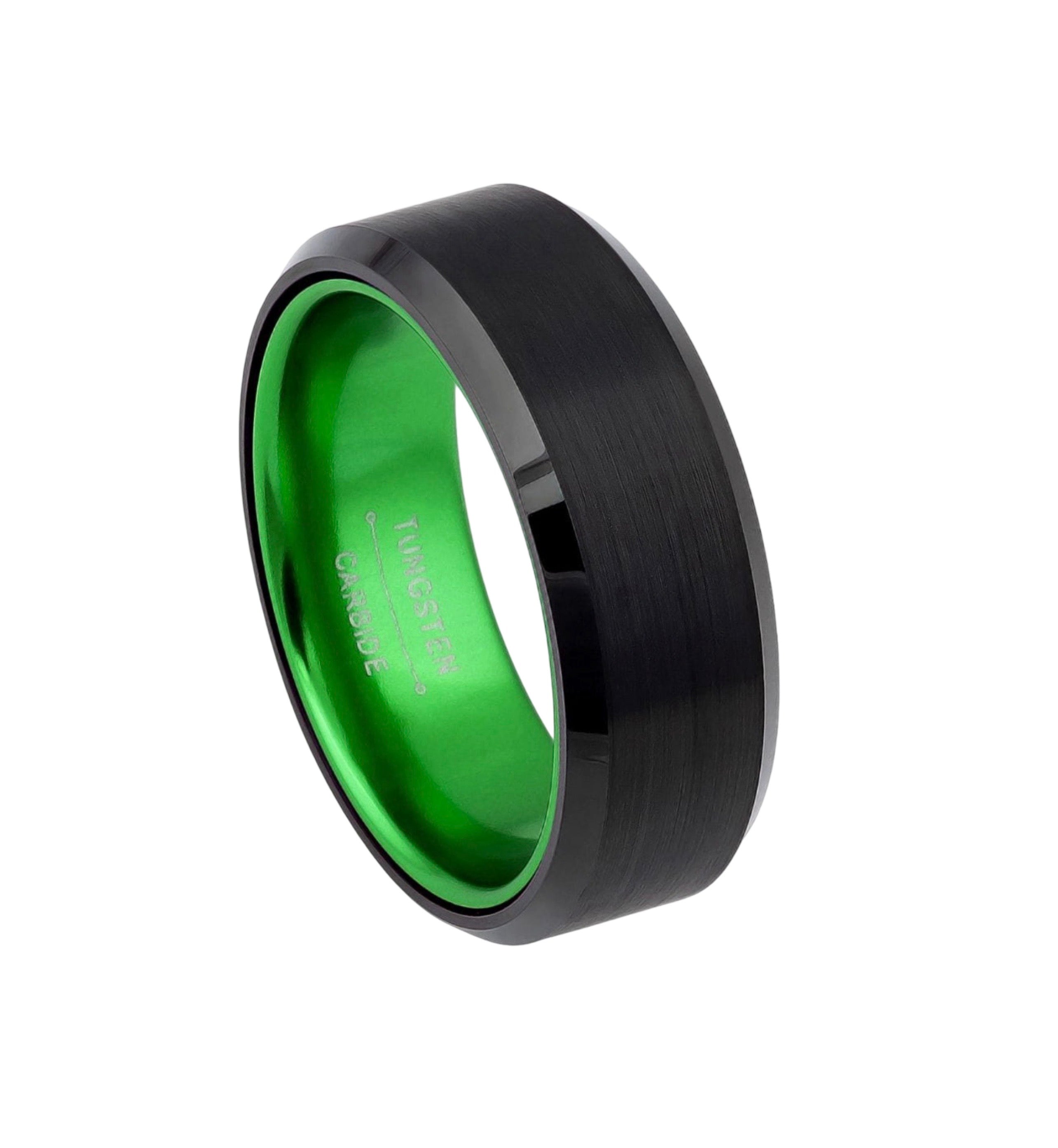 Tungsten Ring Black IP Brushed Center, Shiny Beveled Edge with Green Anodized Aluminum Sleeve/Insert - 8mm