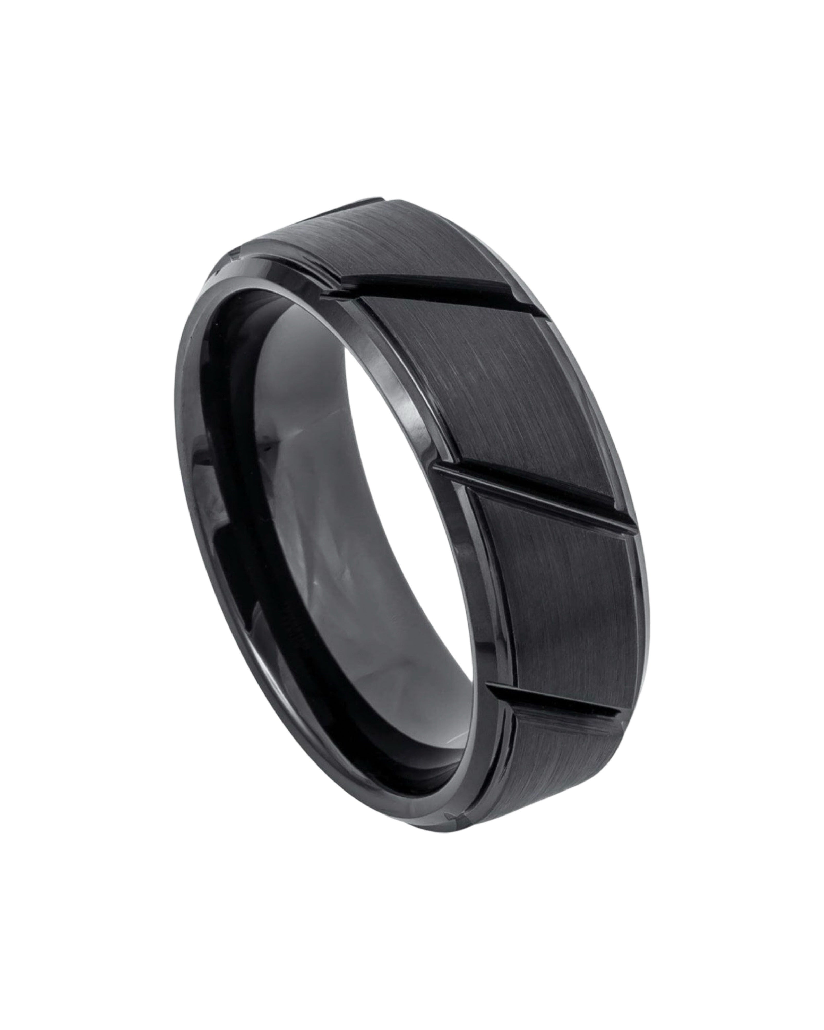 Tungsten Ring Black IP Plated Multiple Diagonal Grooves Brushed Center – 8mm