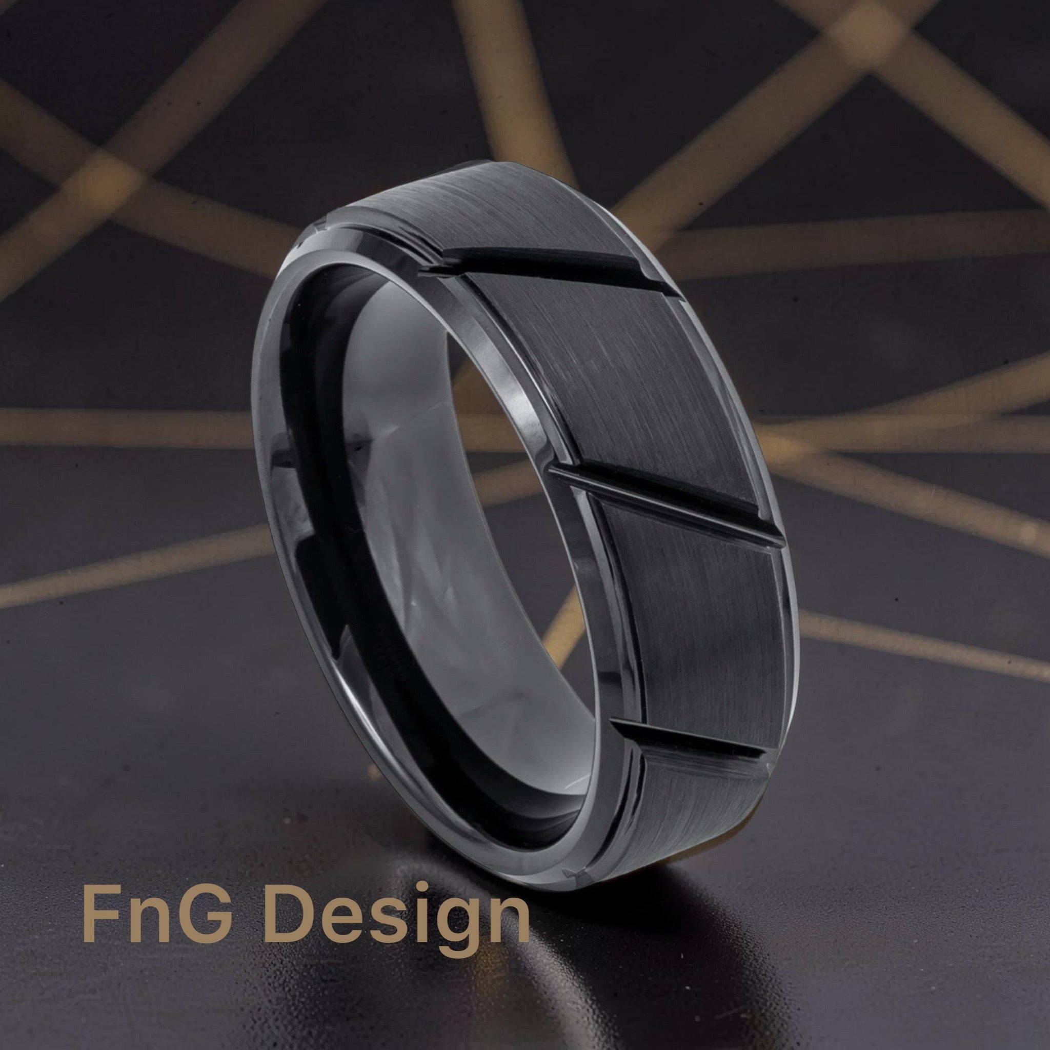 Tungsten Ring Black IP Plated Multiple Diagonal Grooves Brushed Center – 8mm