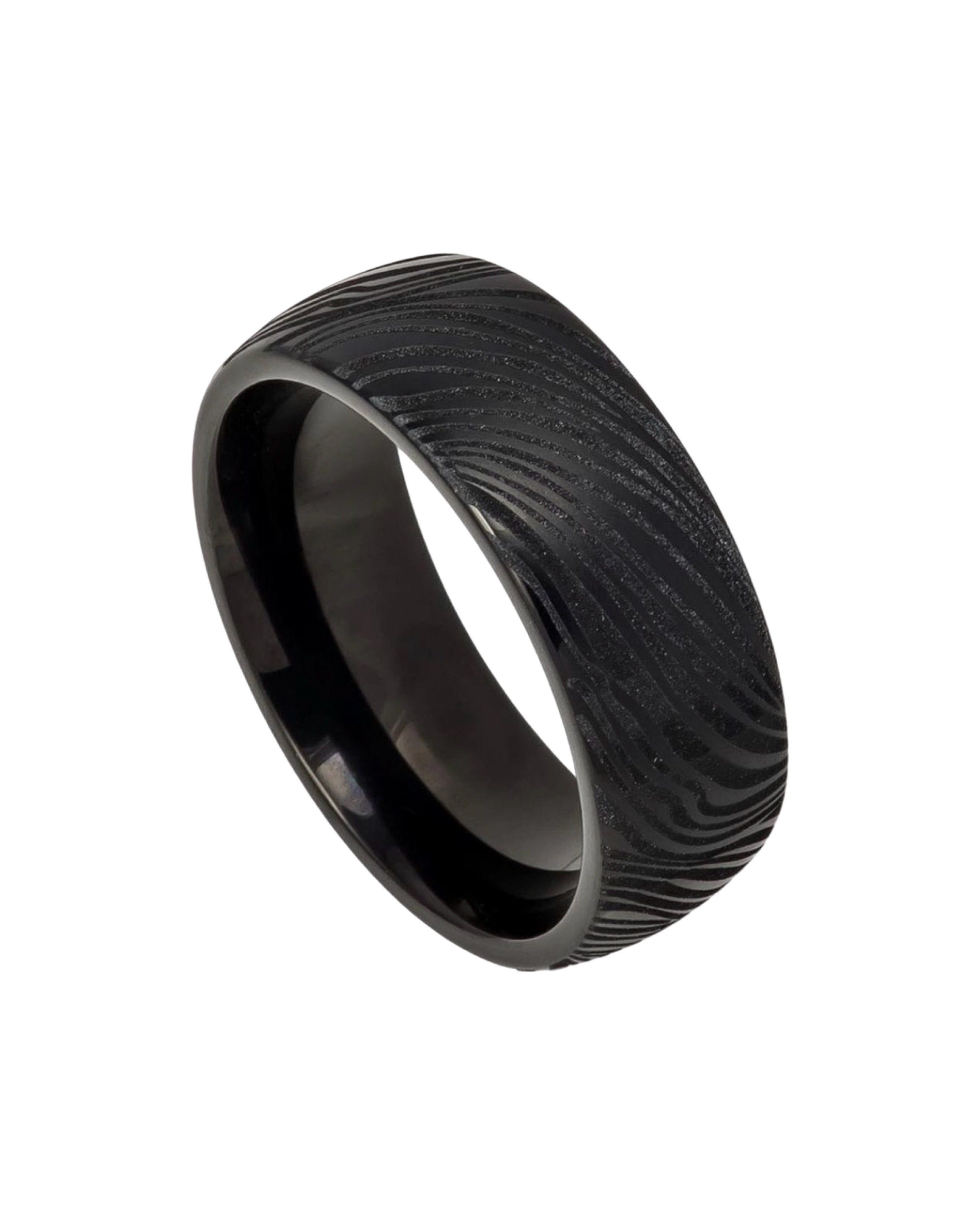 Tungsten Ring Black IP Plated Semi-Dome Laser Carved Mokume Gane Effect(Wood Grain On Metal)– 8mm