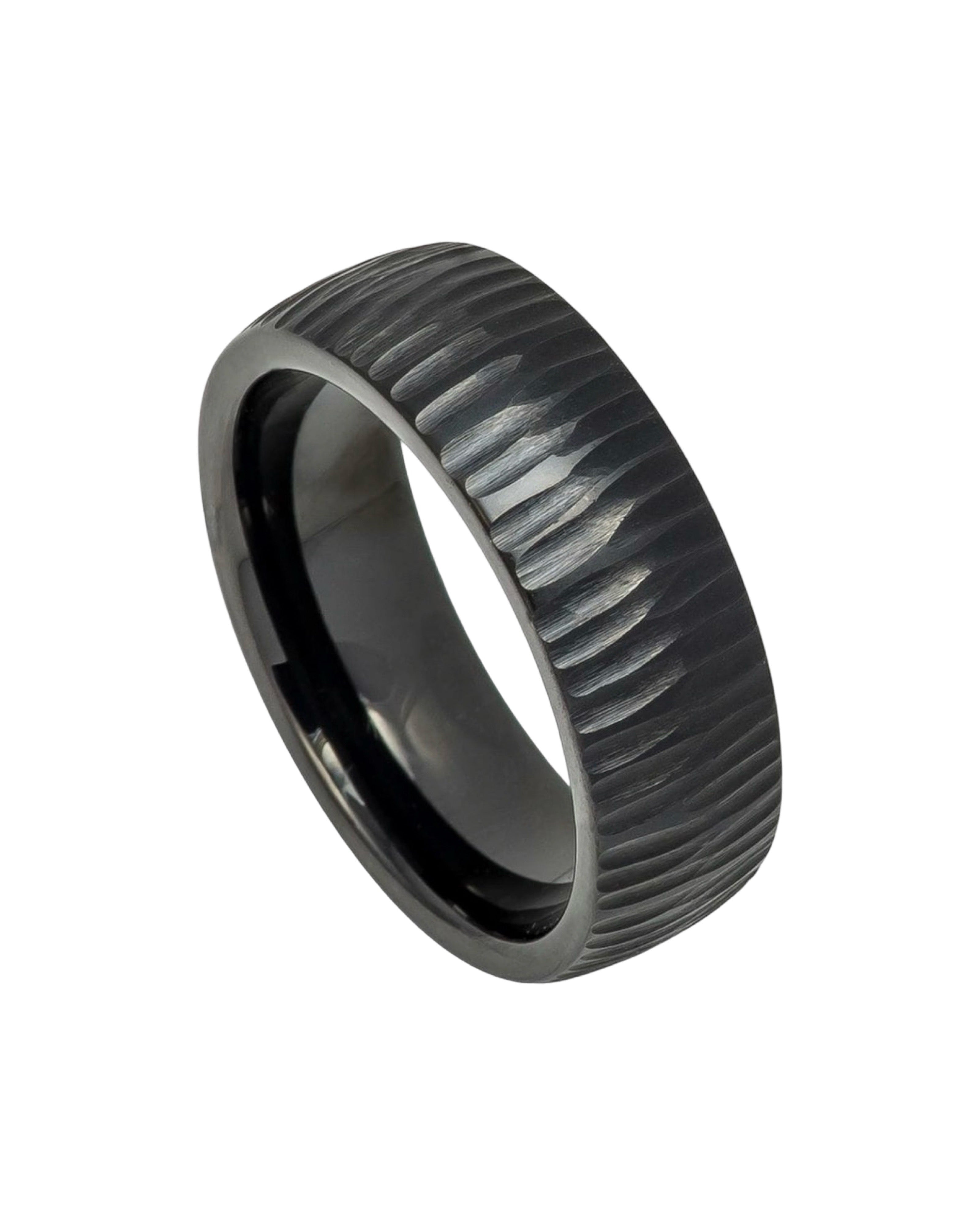 Tungsten Ring Black IP Plated Semi Domed Ring with Tree Bark Carved Textured Finish – 8mm