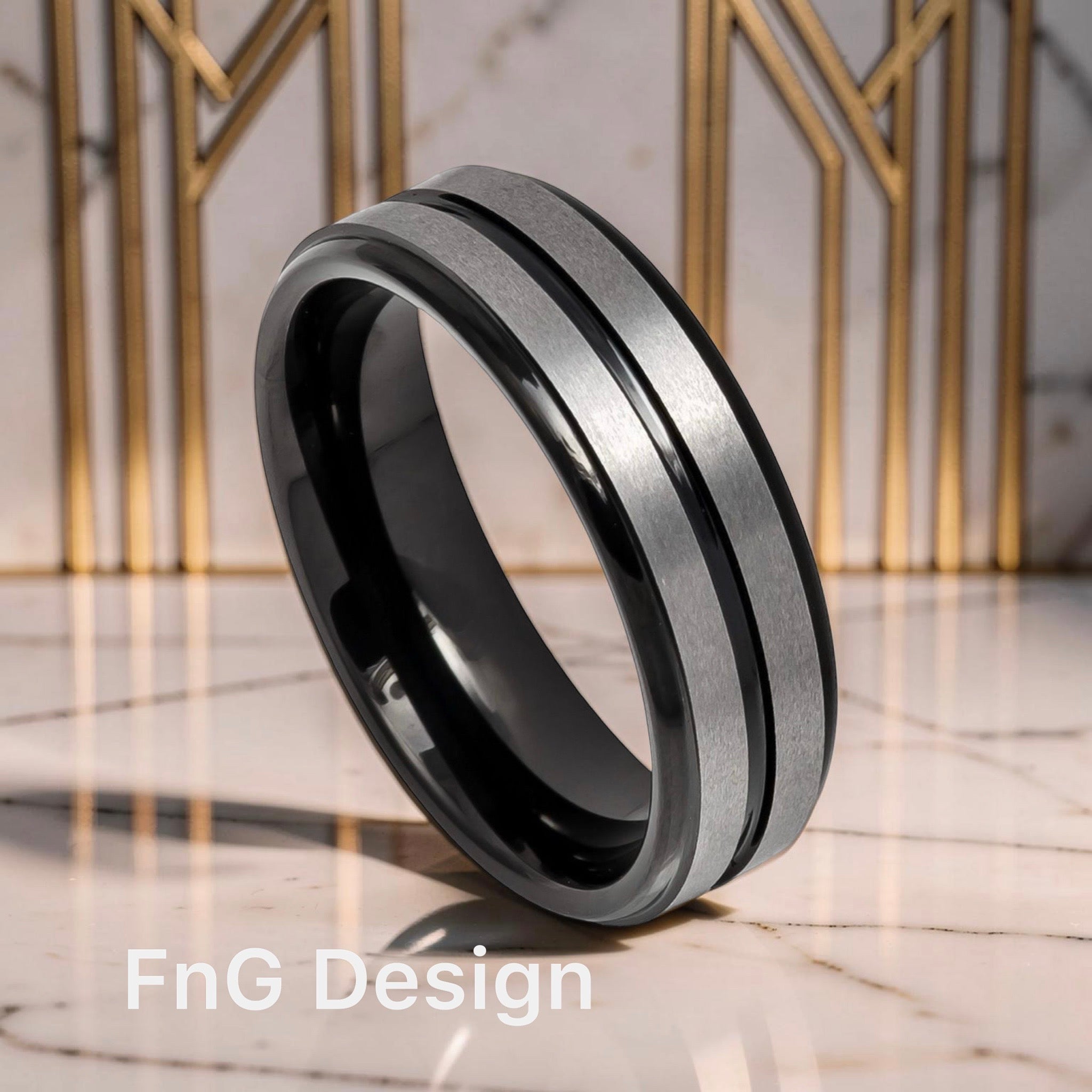 Tungsten Ring Two-tone Black IP Plated Center Grooved Brushed Finish Stepped Edge – 6mm