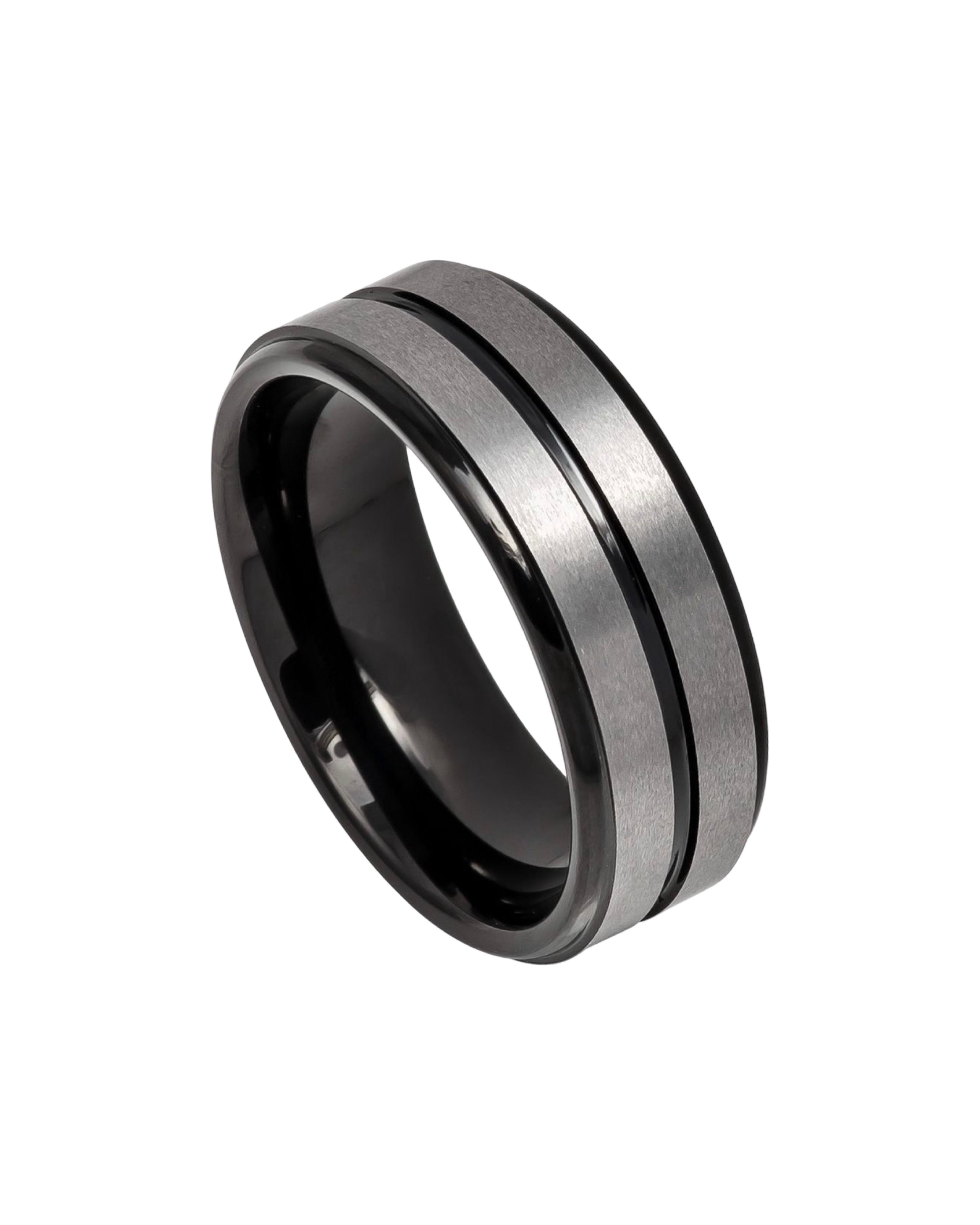 Tungsten Ring Two-tone Black IP Plated Center Grooved Brushed Finish Stepped Edge – 8mm