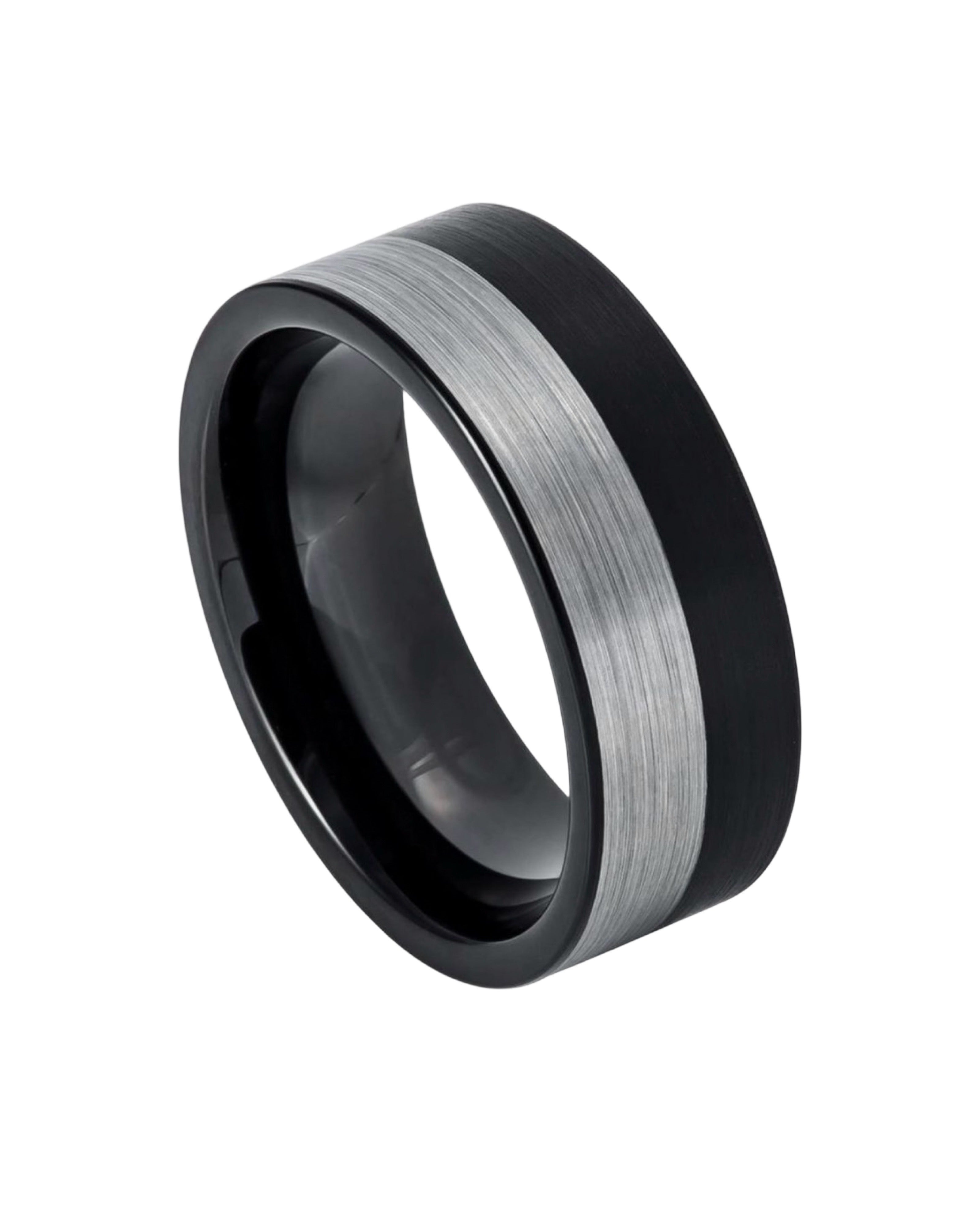 Tungsten Ring Pipe Cut Two tone Black IP Plated Brushed Night & Day Ring 8mm