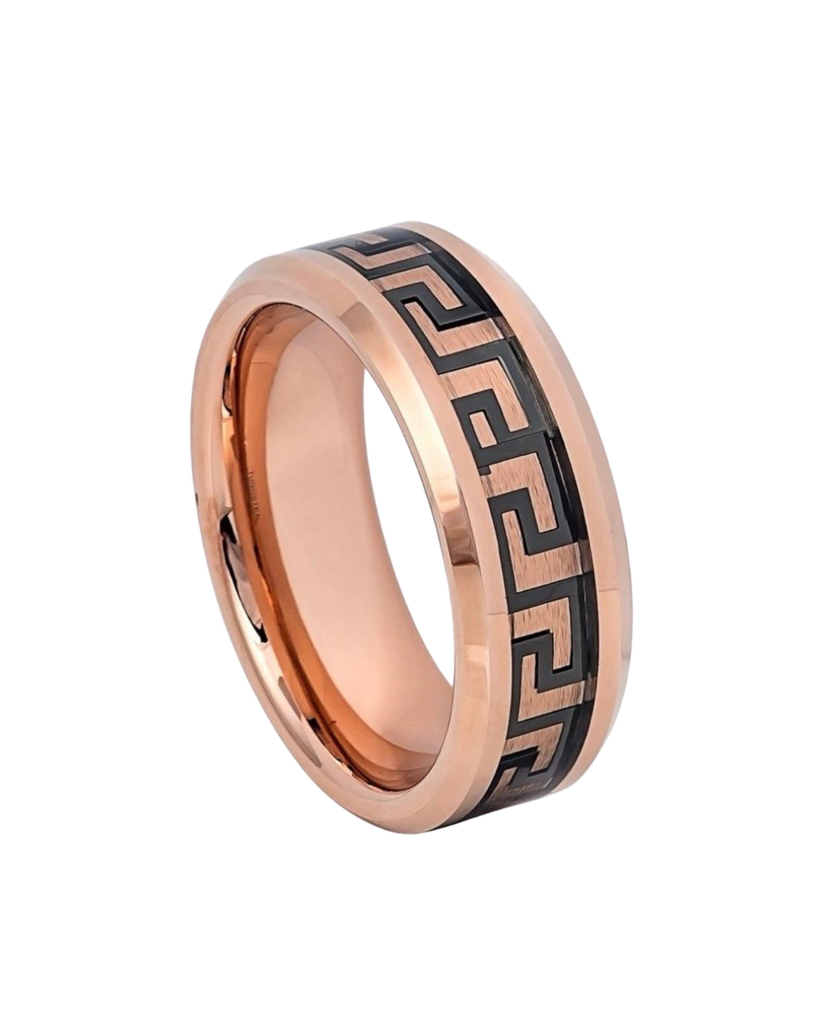 Tungsten Ring Rose Gold IP High Polished Beveled Edge Greek Key Inlay – 8mm