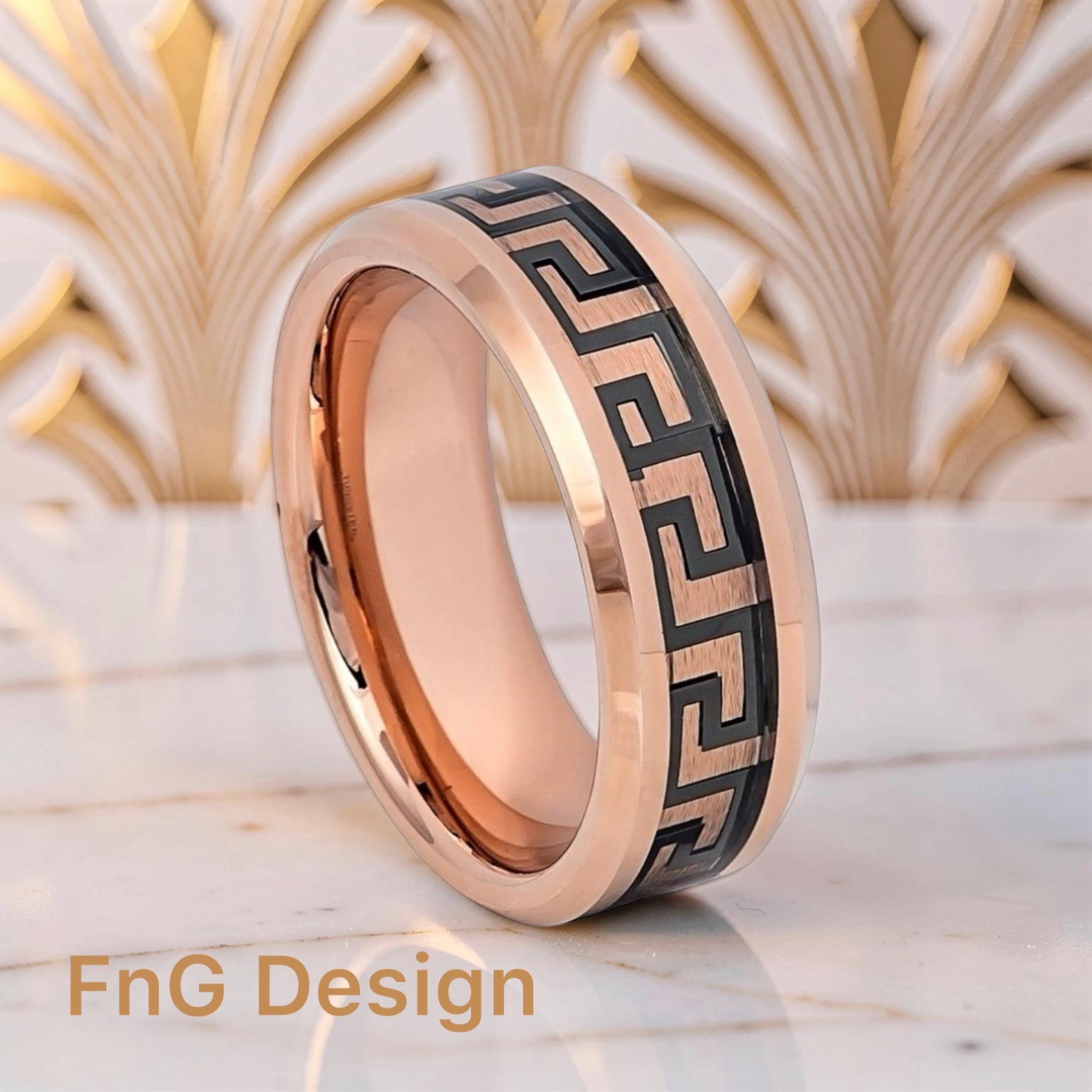 Tungsten Ring Rose Gold IP High Polished Beveled Edge Greek Key Inlay – 8mm