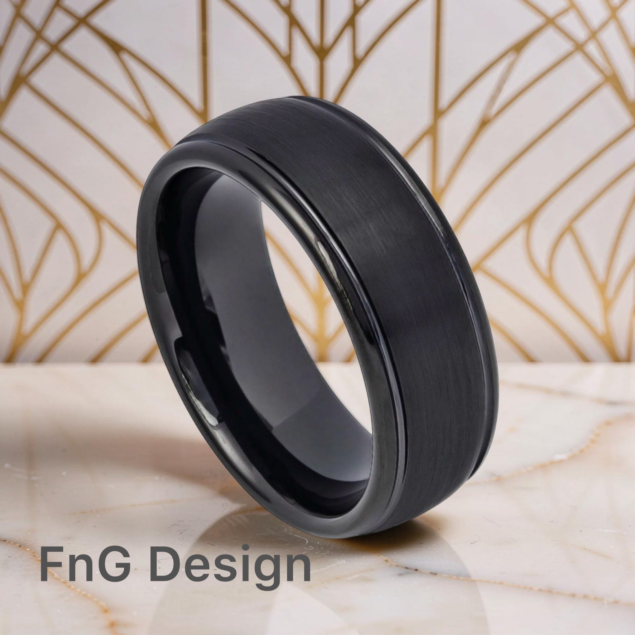 Tungsten Ring Domed Black IP Plated Brushed Center High Polished Grooved Edge – 8mm