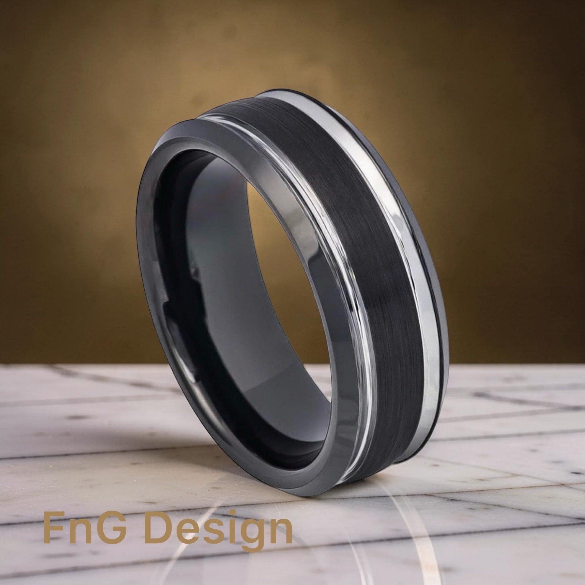 Tungsten Ring Two-tone Black IP Brushed Center Steel Color Stepped Edge – 8mm