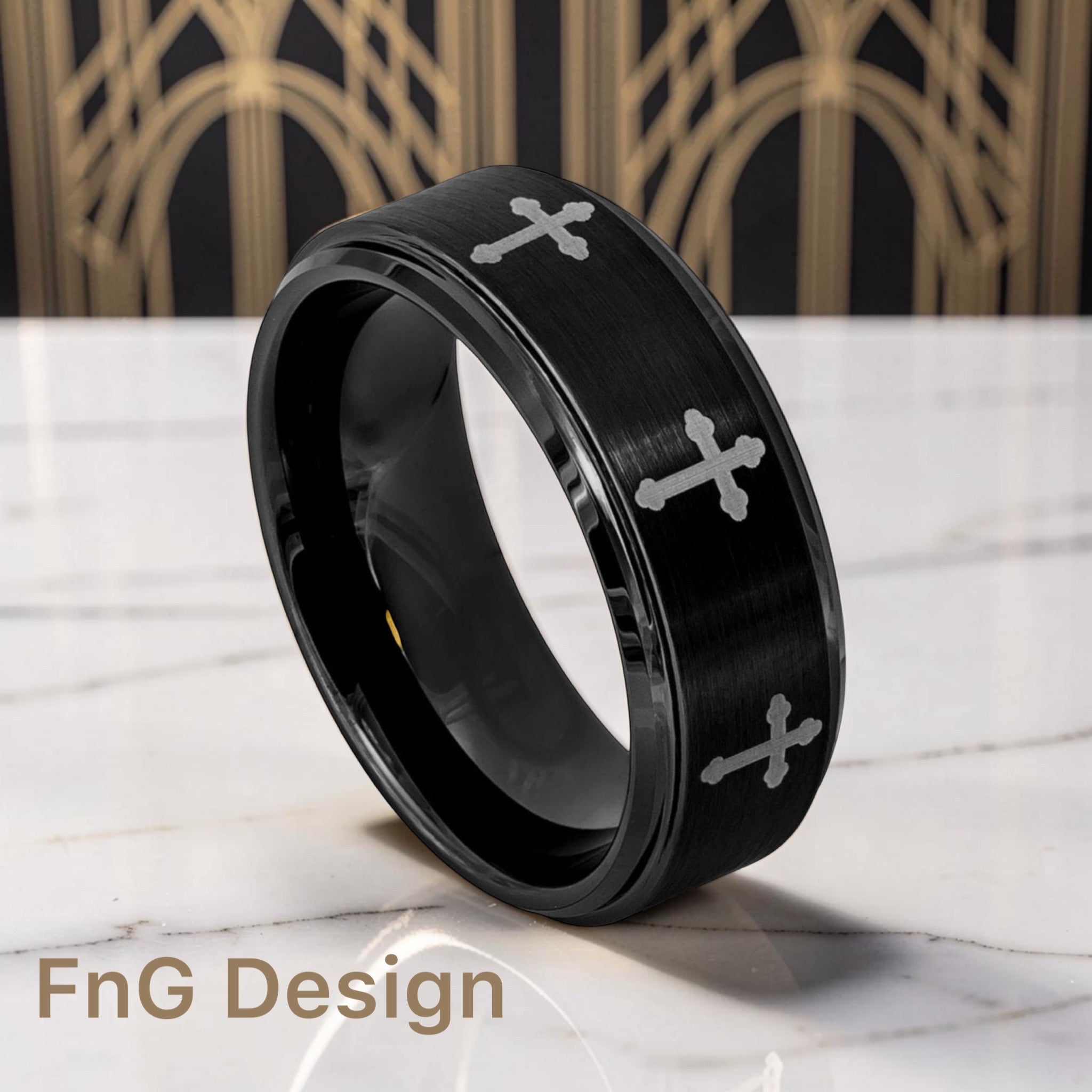 Tungsten Ring Black IP Plated Flat Brushed Center with 8 Laser Engraved Crosses – 8mm