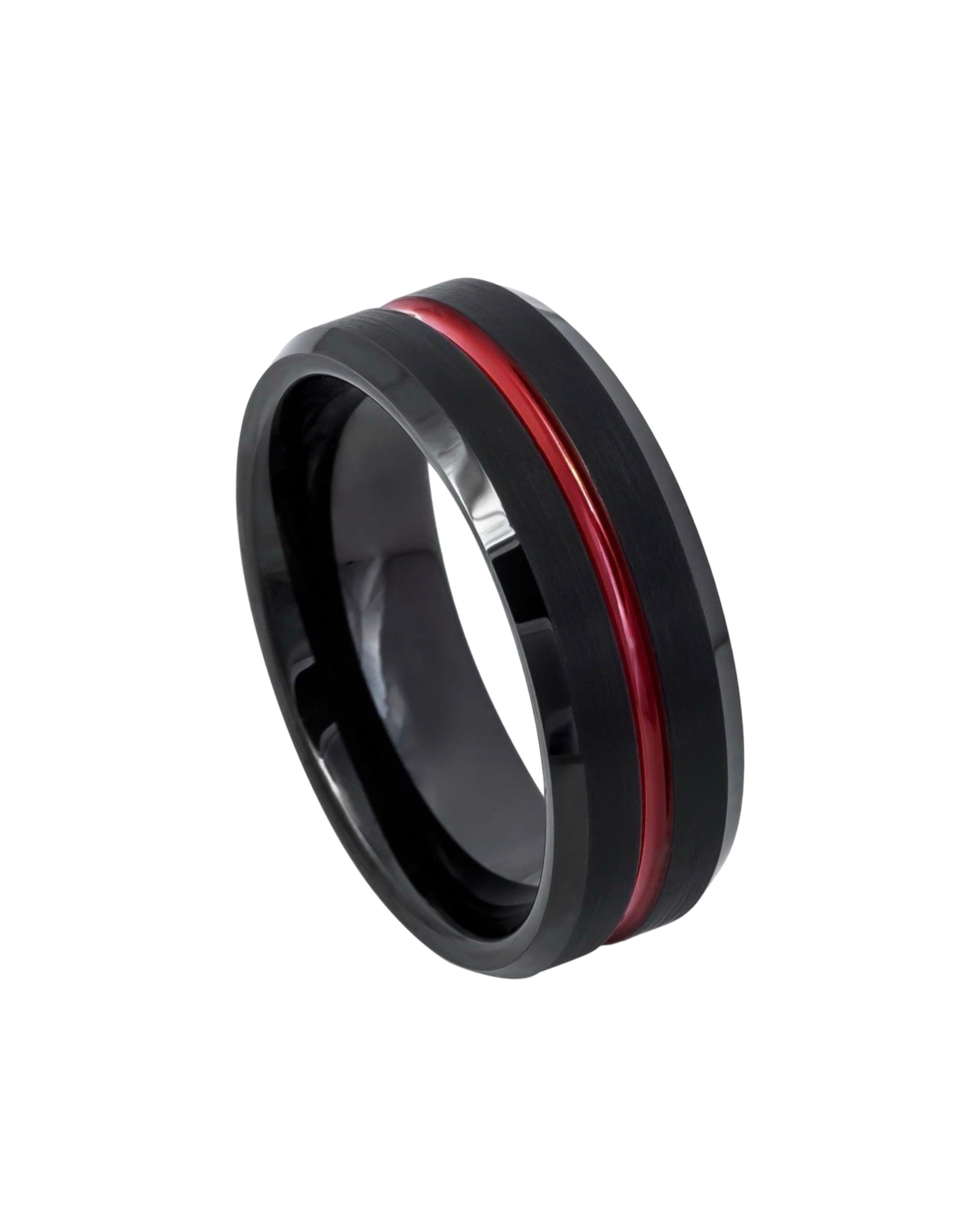 Tungsten Ring Red IP Plated Shiny Grooved Center, Black Brushed Beveled Edge – 8mm