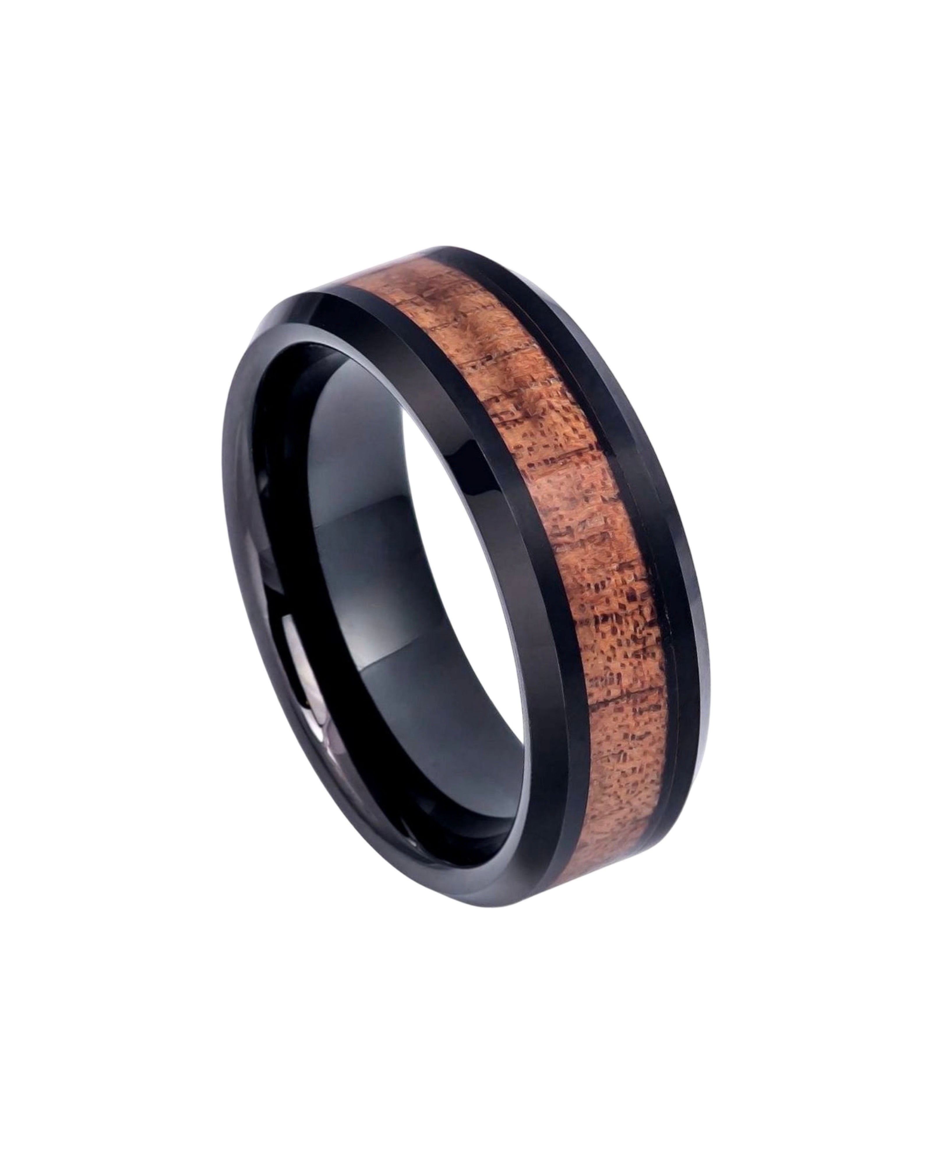 Tungsten Ring Black IP Plated with Hawaiian Koa Wood Inlay, Beveled Edge – 8mm