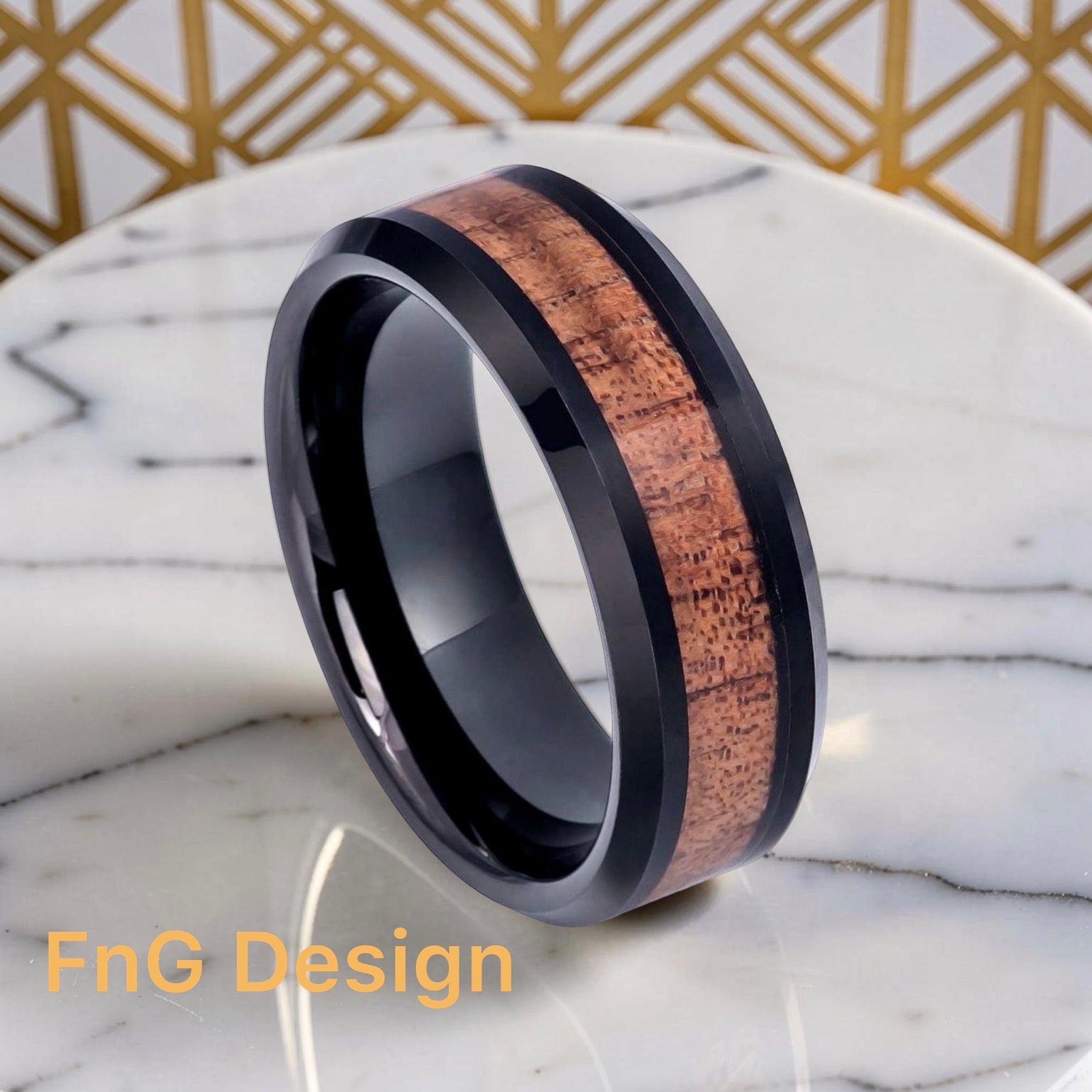 Tungsten Ring Black IP Plated with Hawaiian Koa Wood Inlay, Beveled Edge – 8mm