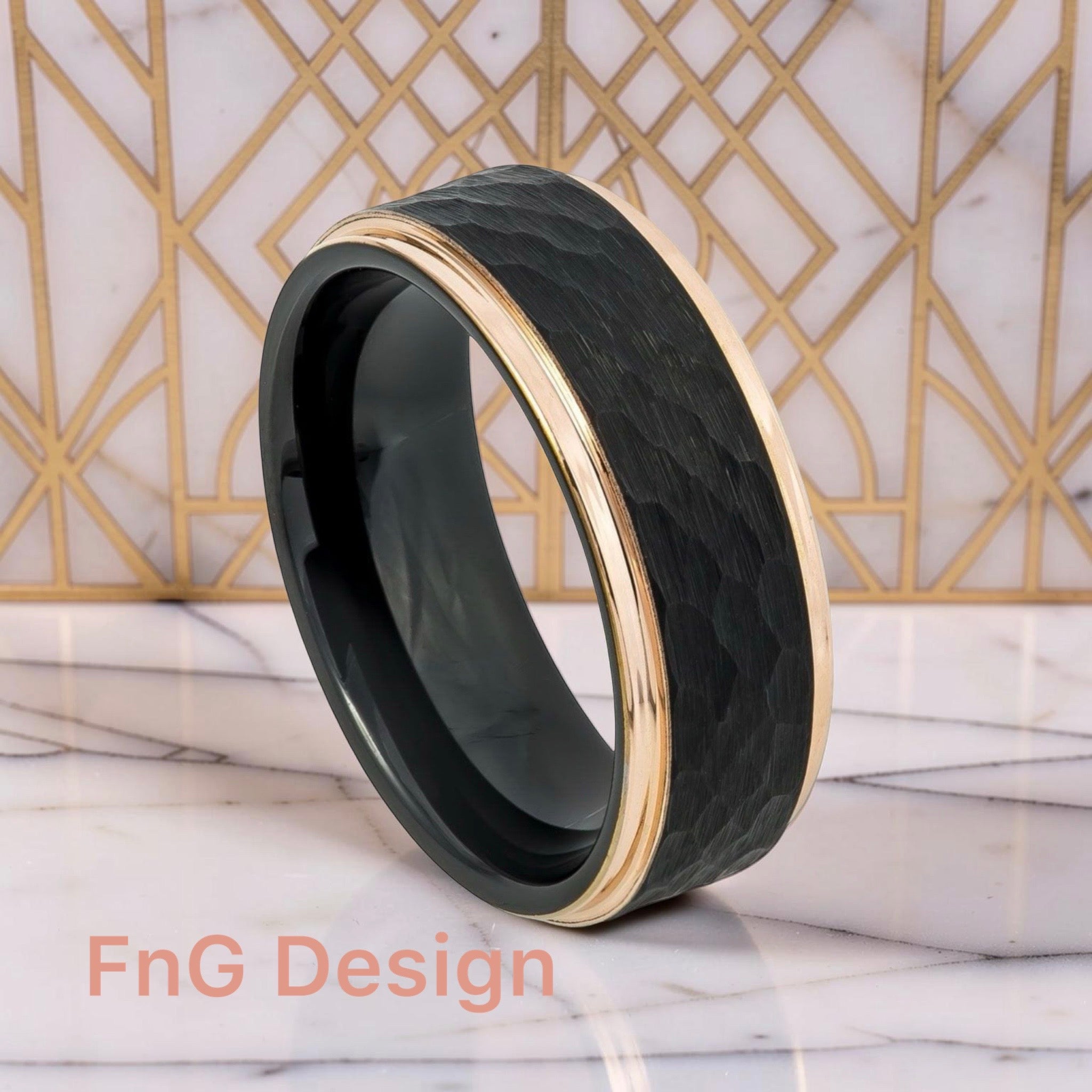 Tungsten Ring Two-Tone Black & Rose Gold IP Plated Hammered Center Stepped Edge- 8mm