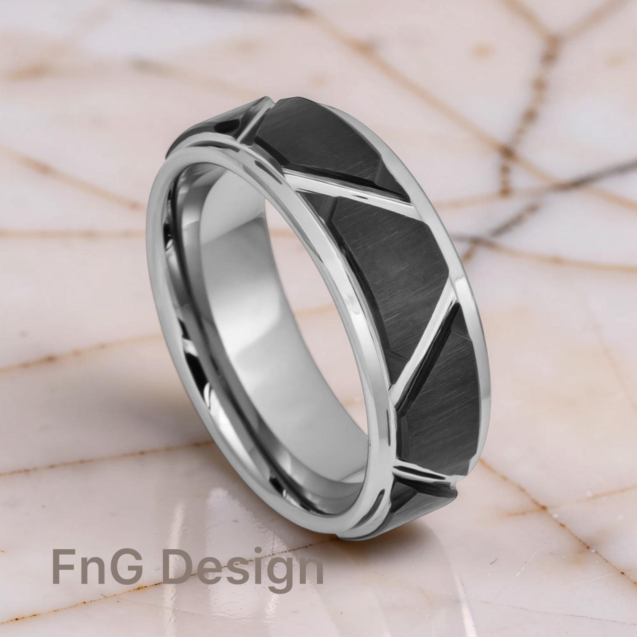 Tungsten Ring Two-tone Brushed Black IP Plated Trapezoids High Polished Outlines – 8mm
