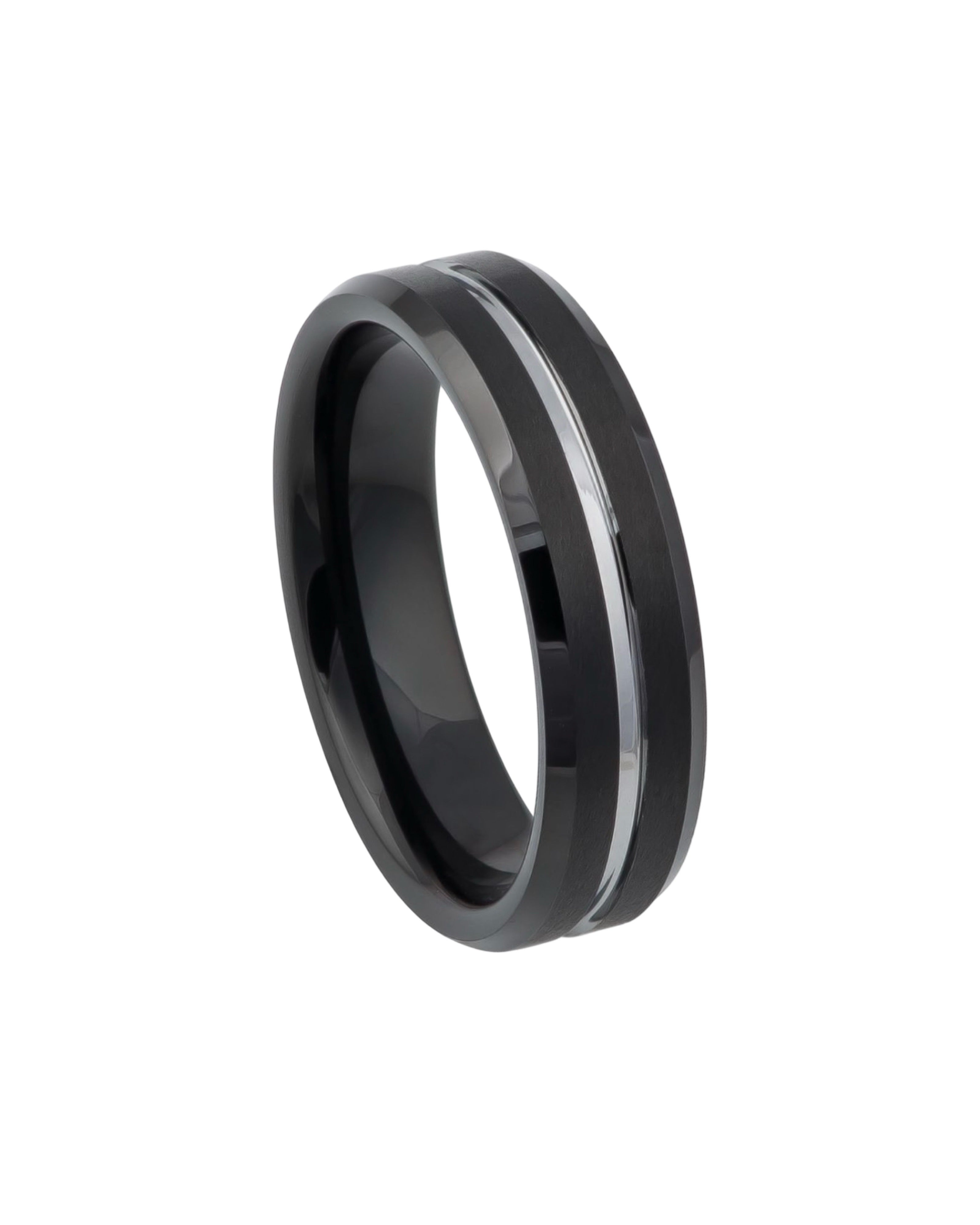 Tungsten Ring Two-tone Black IP Brushed with Steel Color Grooved Center Beveled Edge – 6mm