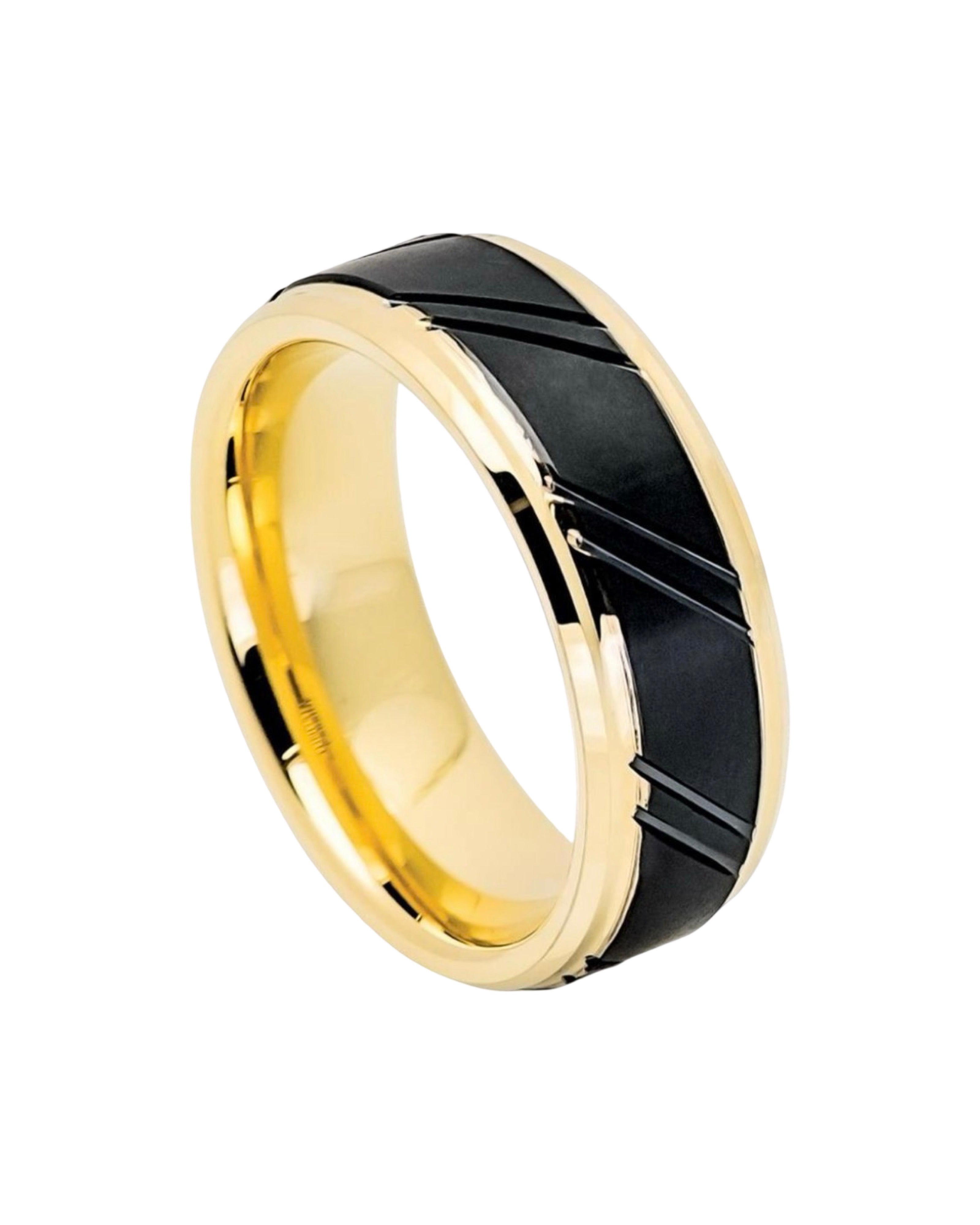 Tungsten Ring Yellow Gold IP Plated Inner Ring Stepped Edge with Black IP Diagonally Grooved Center Brushed Finish – 8mm