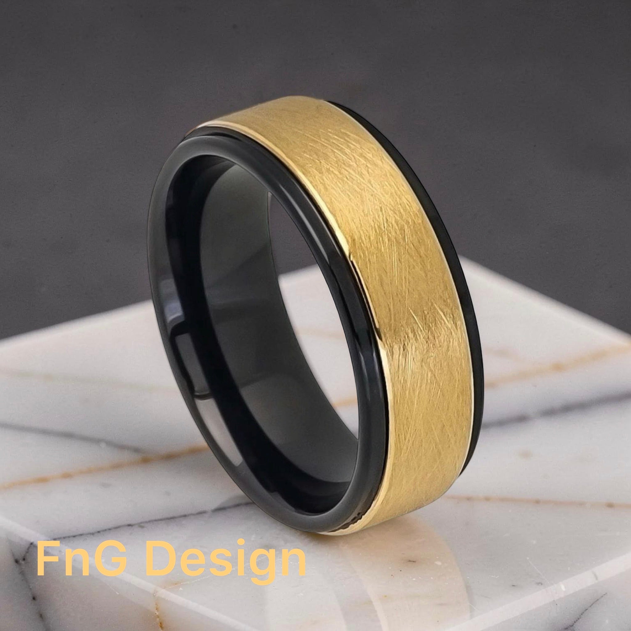 Tungsten Ring Two-tone Black IP Inside Yellow Gold IP Wire Brushed Finish Center Stepped Edge – 8mm