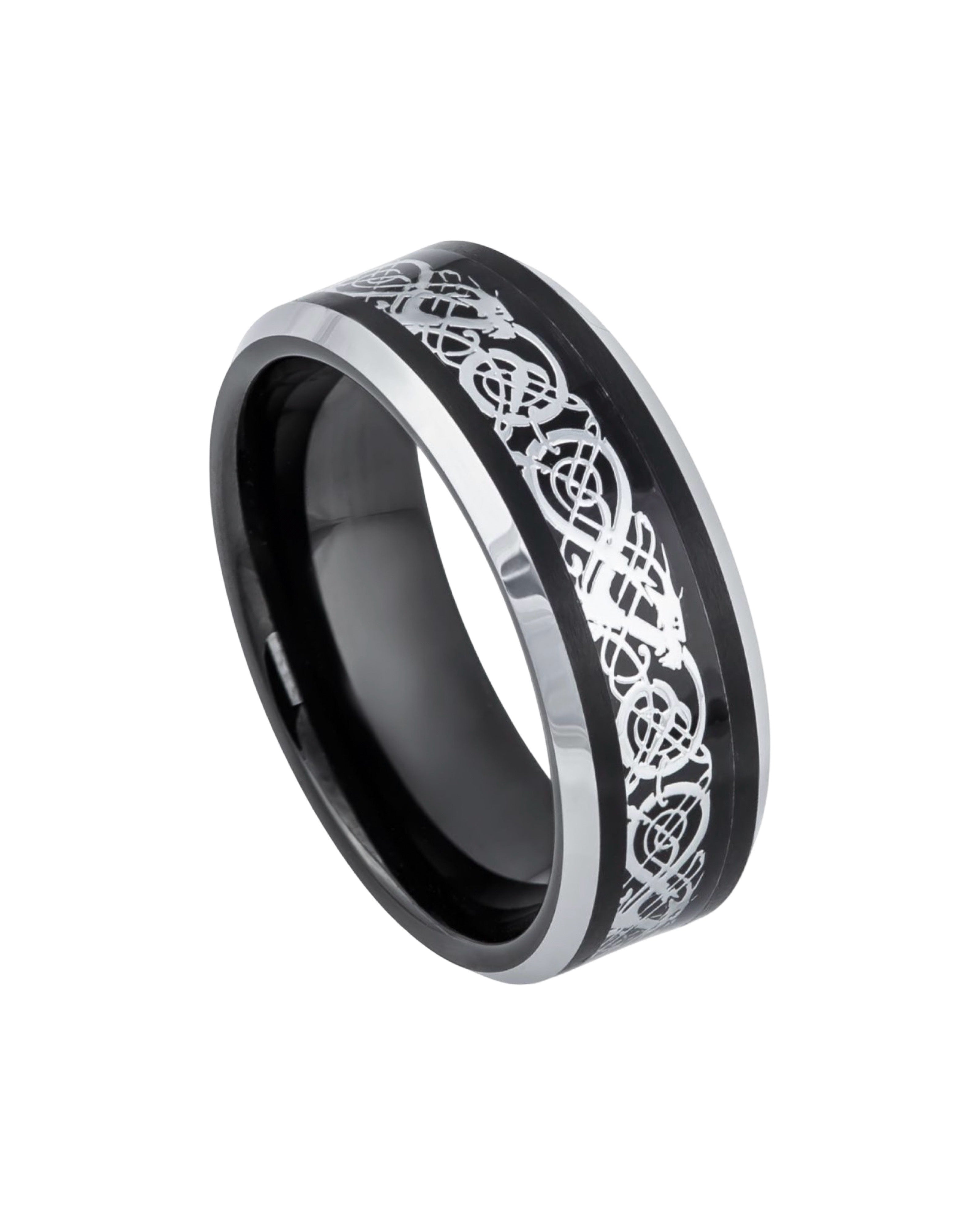 Tungsten Ring Black IP Stainless SteelCeltic Cut-Out Design Inlay and Beveled Edge- 8mm