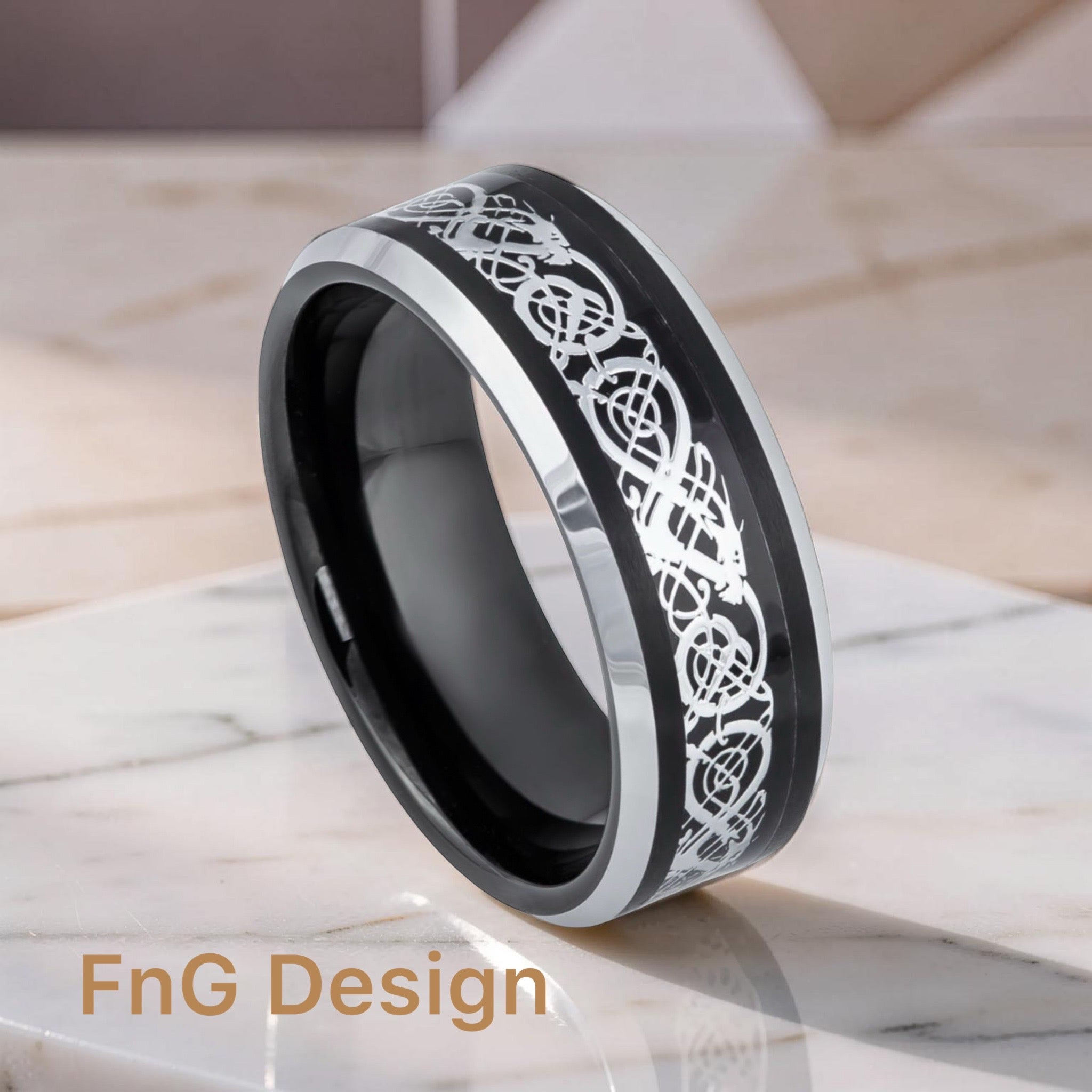Tungsten Ring Black IP Stainless SteelCeltic Cut-Out Design Inlay and Beveled Edge- 8mm