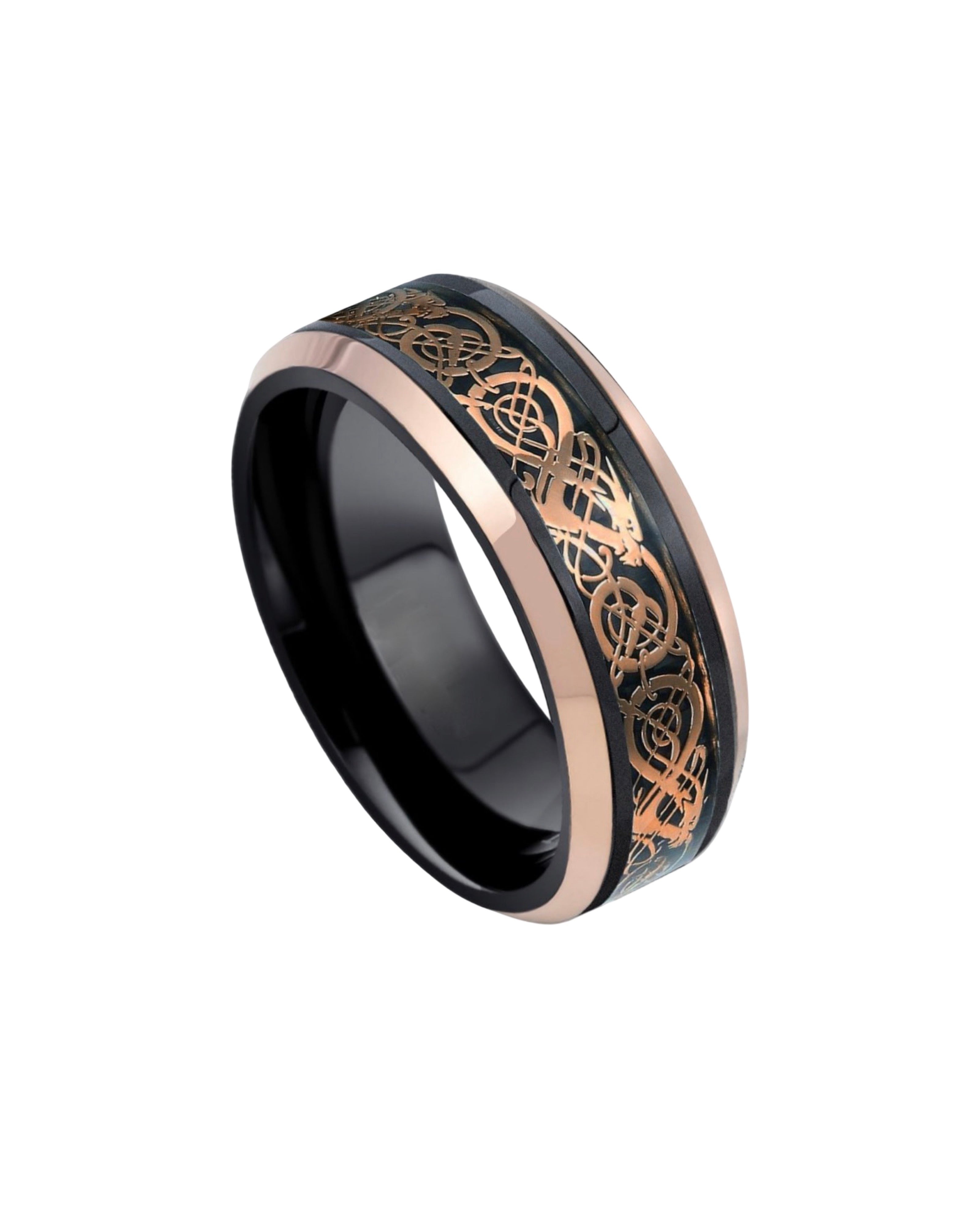Tungsten Ring Two-tone Black and Rose Gold IP Plated Celtic Dragon Cut-Out Design Inlay and Beveled Edge – 8mm