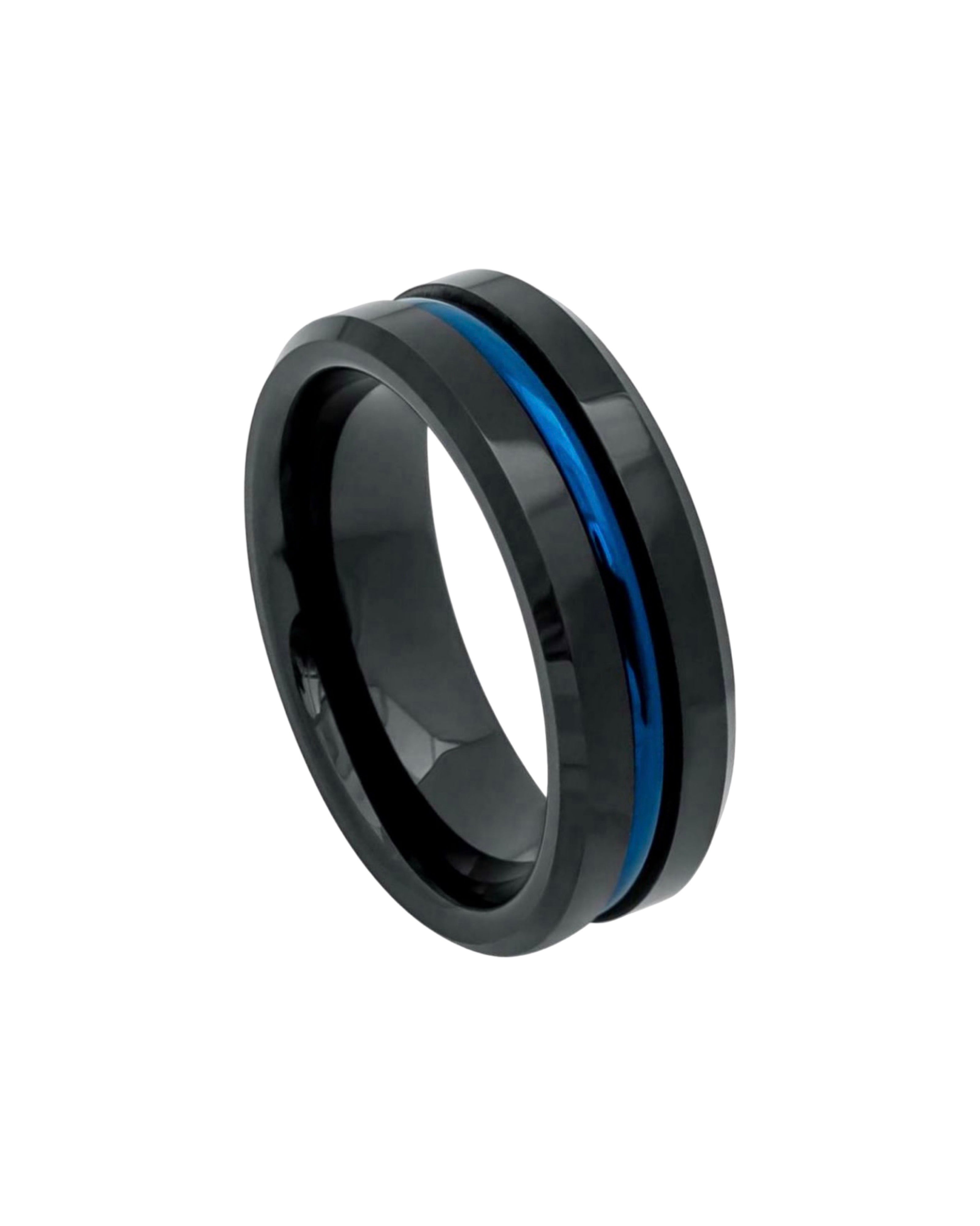 Tungsten Ring High Polished Beveled Edge Black IP Plated Ring with Blue IP Plated Grooved Center – 8mm