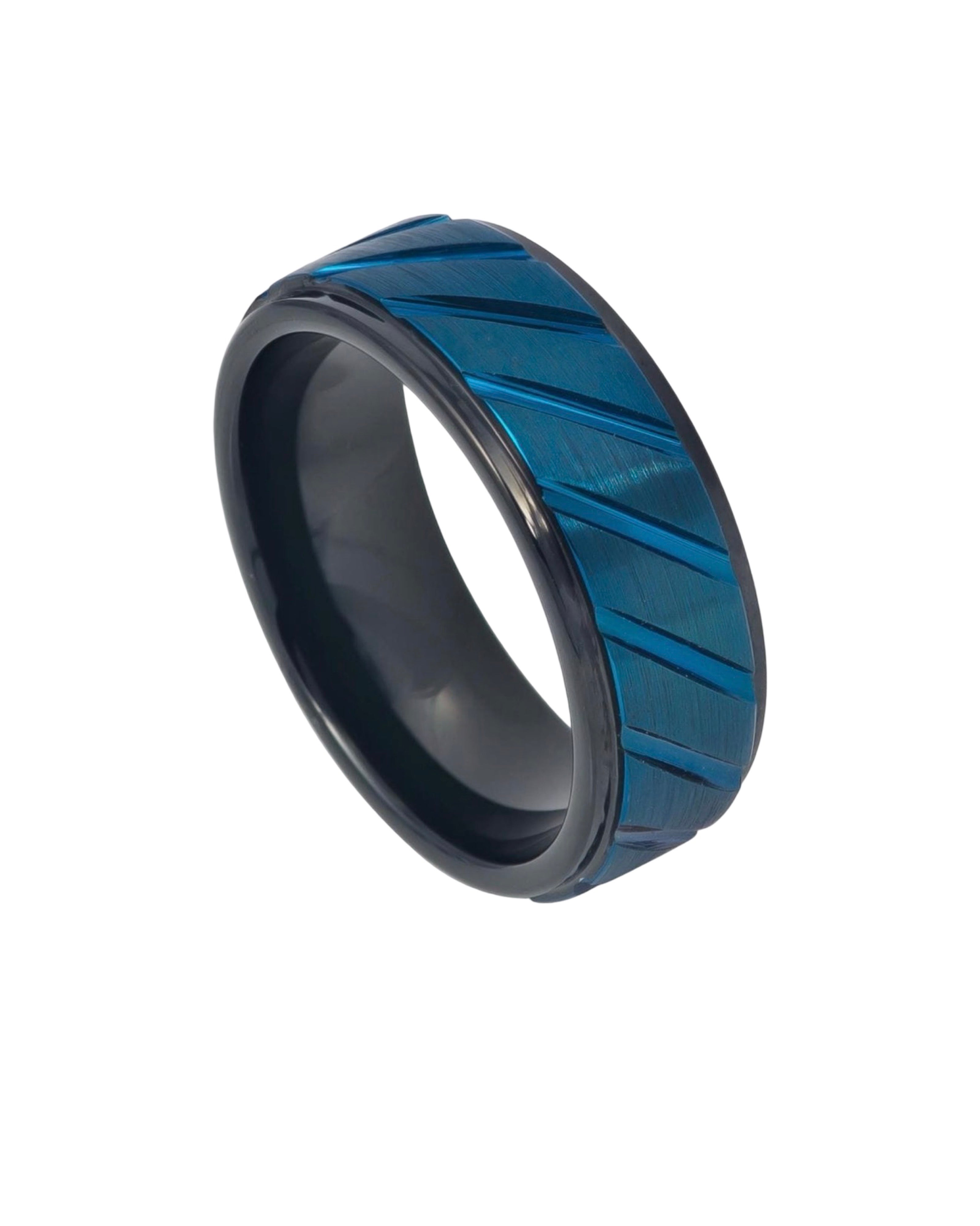 Tungsten Ring Blue IP Plated Diagonally Grooved Finish Center Black IP Inner Ring Stepped Edge – 8mm