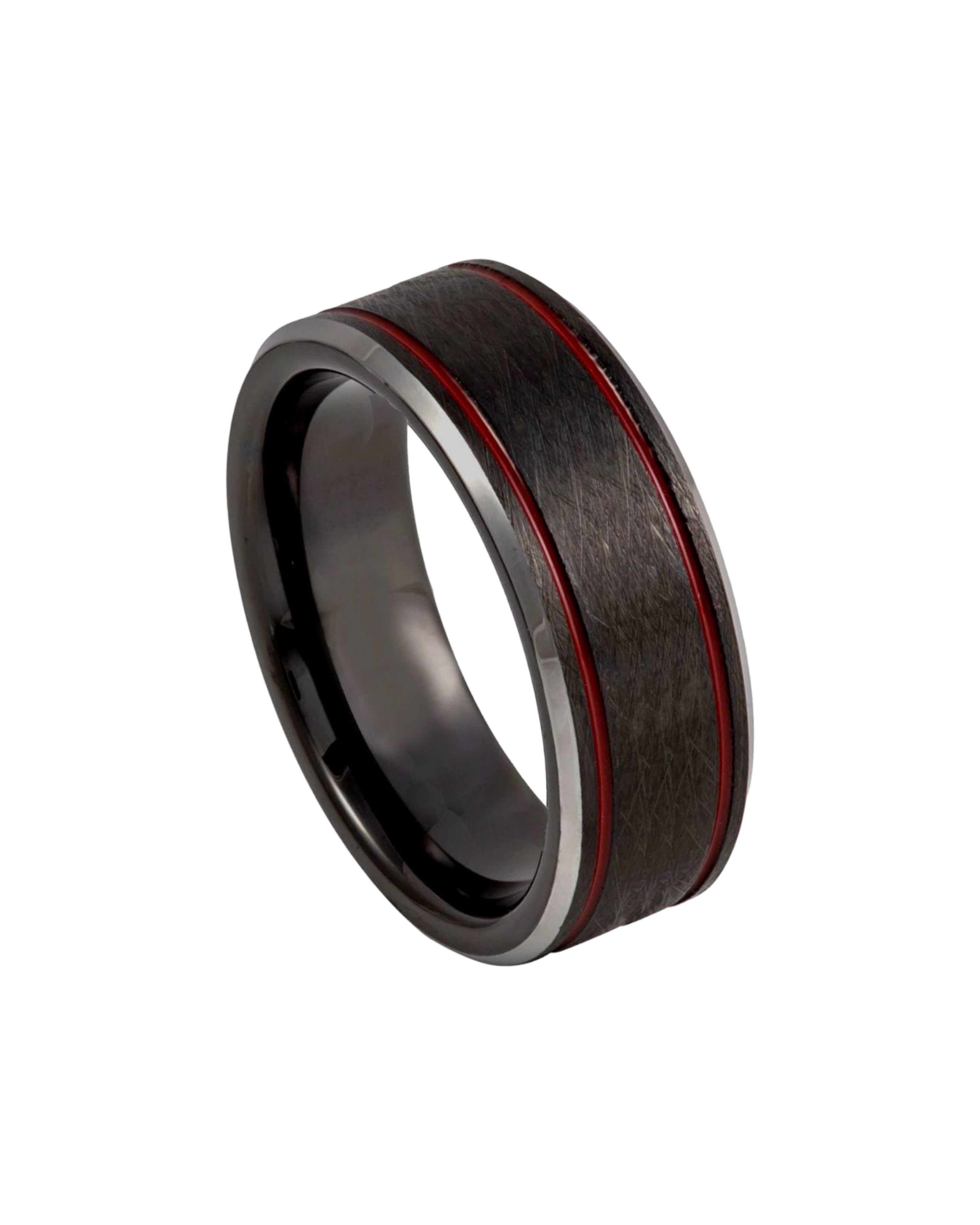 Tungsten Ring Charcoal Gray IP Plated Ice Finish with 2 Red Stripes on 2 sides, Beveled Edge – 8mm