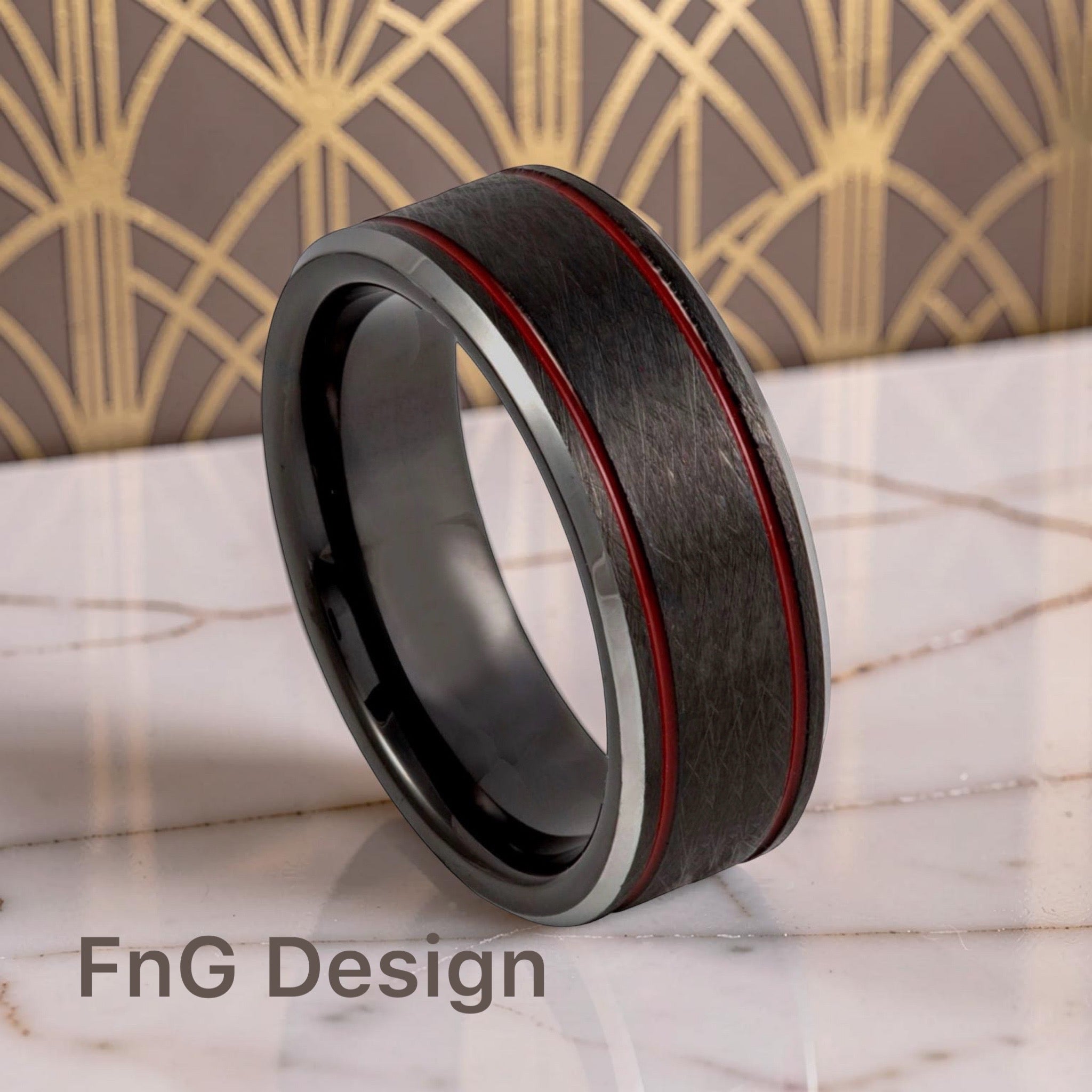 Tungsten Ring Charcoal Gray IP Plated Ice Finish with 2 Red Stripes on 2 sides, Beveled Edge – 8mm