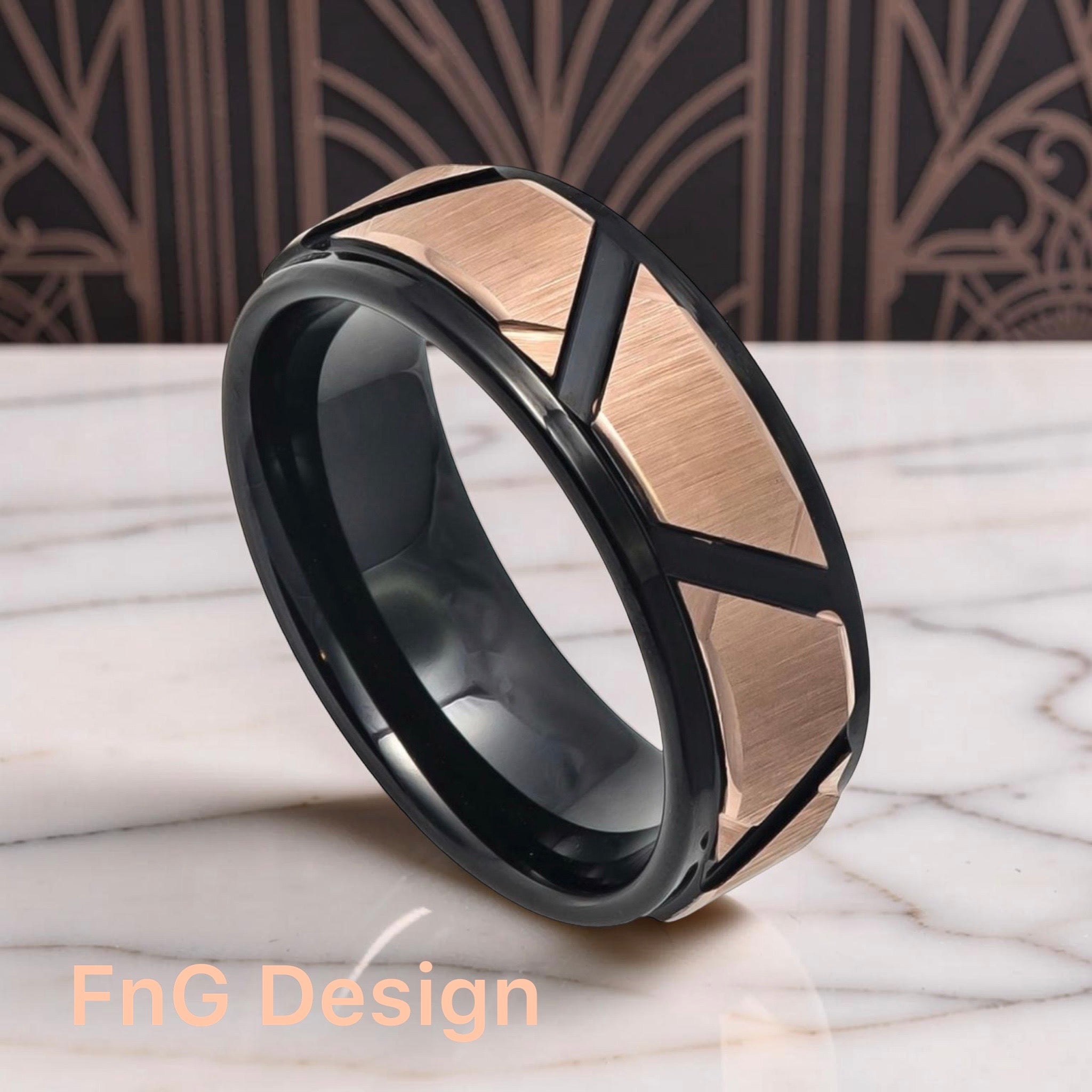 Tungsten Ring Rose Gold IP Brushed Trapezoid Center High Polished Black Gold IP Grooves & Stepped Edge – 8mm