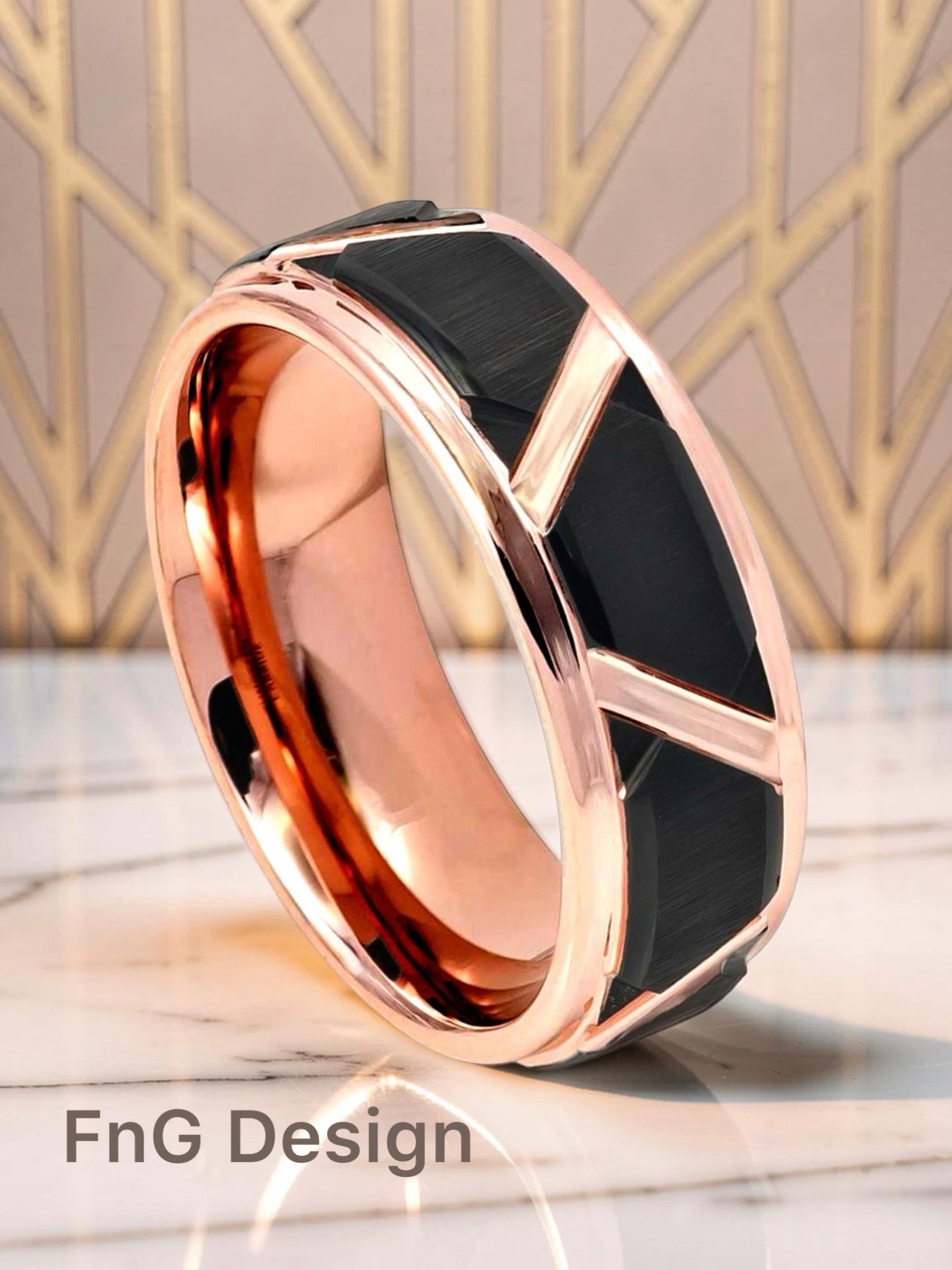 Tungsten Ring Black IP Plated Brushed Trapezoid & Rose Gold IP Grooves & Stepped Edge – 8mm