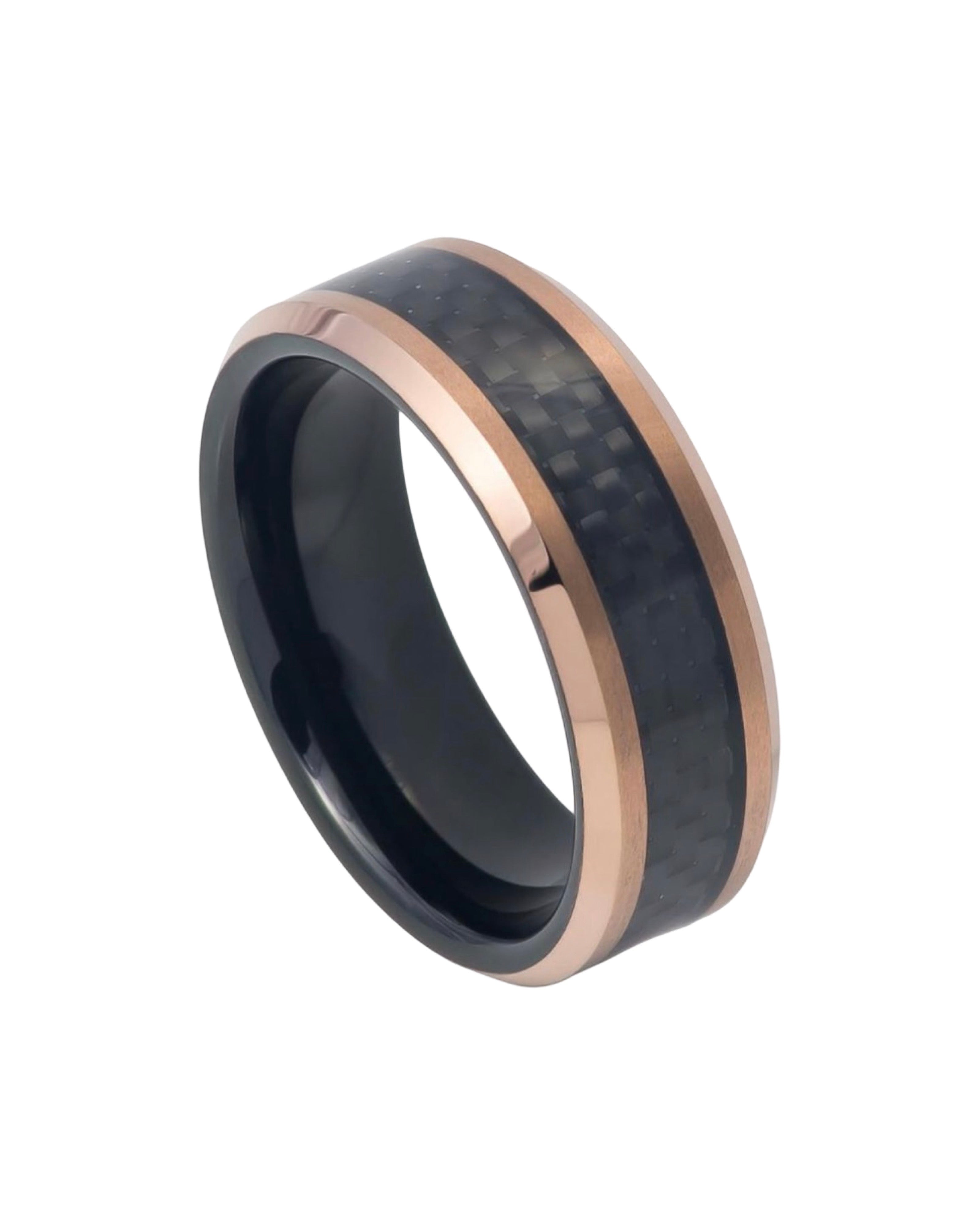 Tungsten Ring Two-tone Black IP Inside Rose Gold IP Finish, Inlayed with Black Carbon Fiber – 8mm