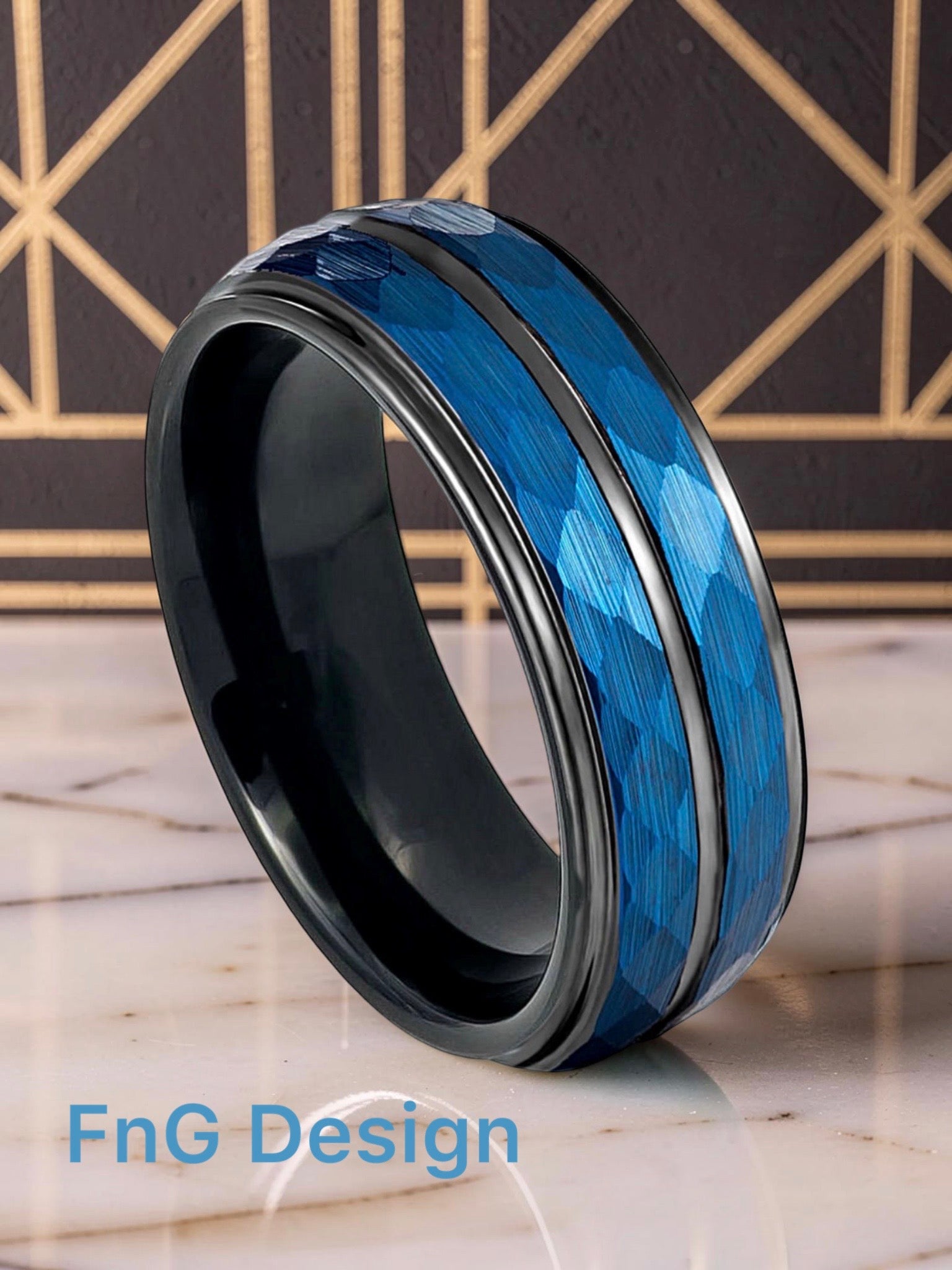 Tungsten Ring Two-tone Blue IP Black IP Plated Hammered Finish High Polished Stepped/Beveled Edge – 8mm