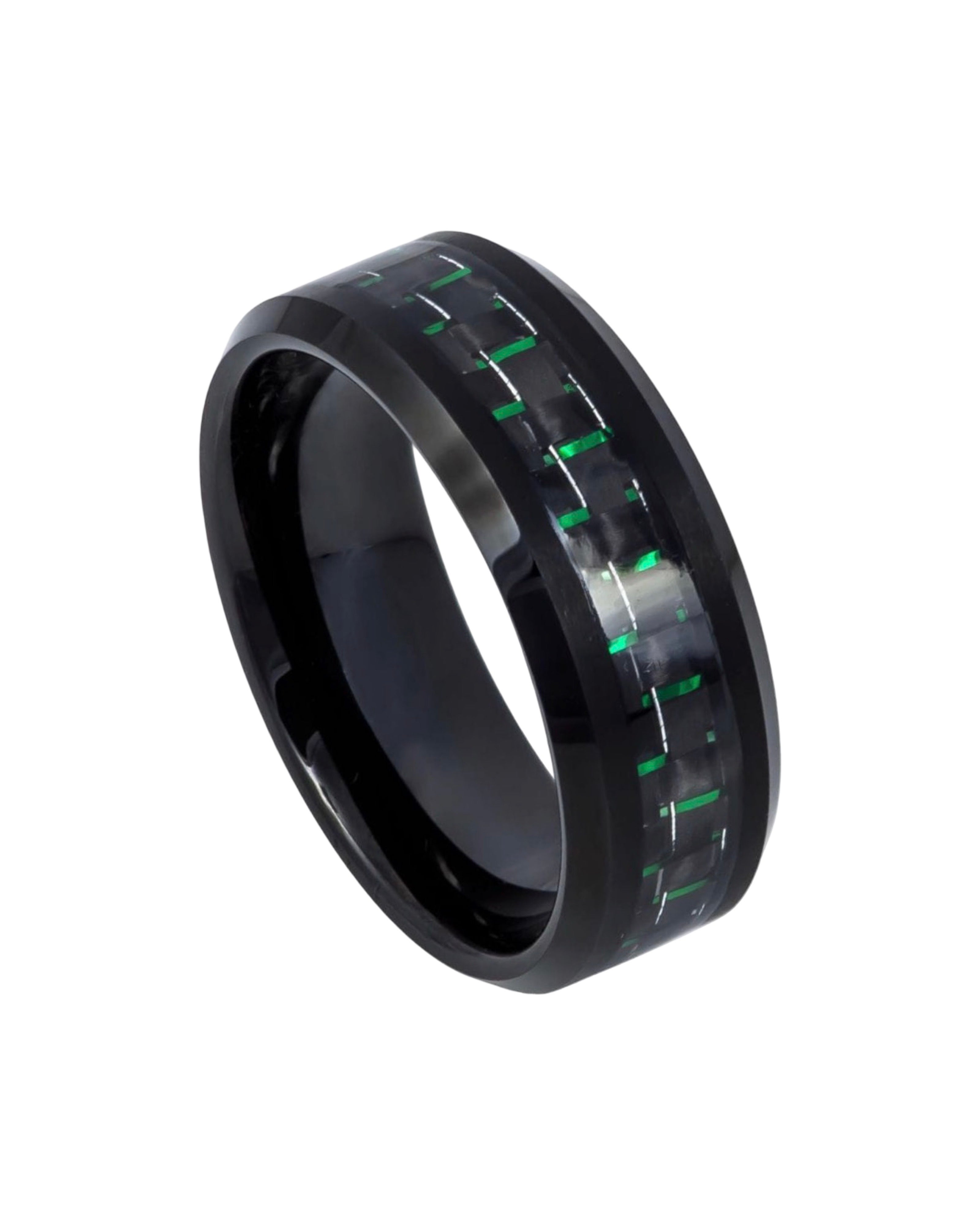 Tungsten Ring Beveled Edge Black IP Plated with Green and Black Carbon Fiber Inlay – 8mm