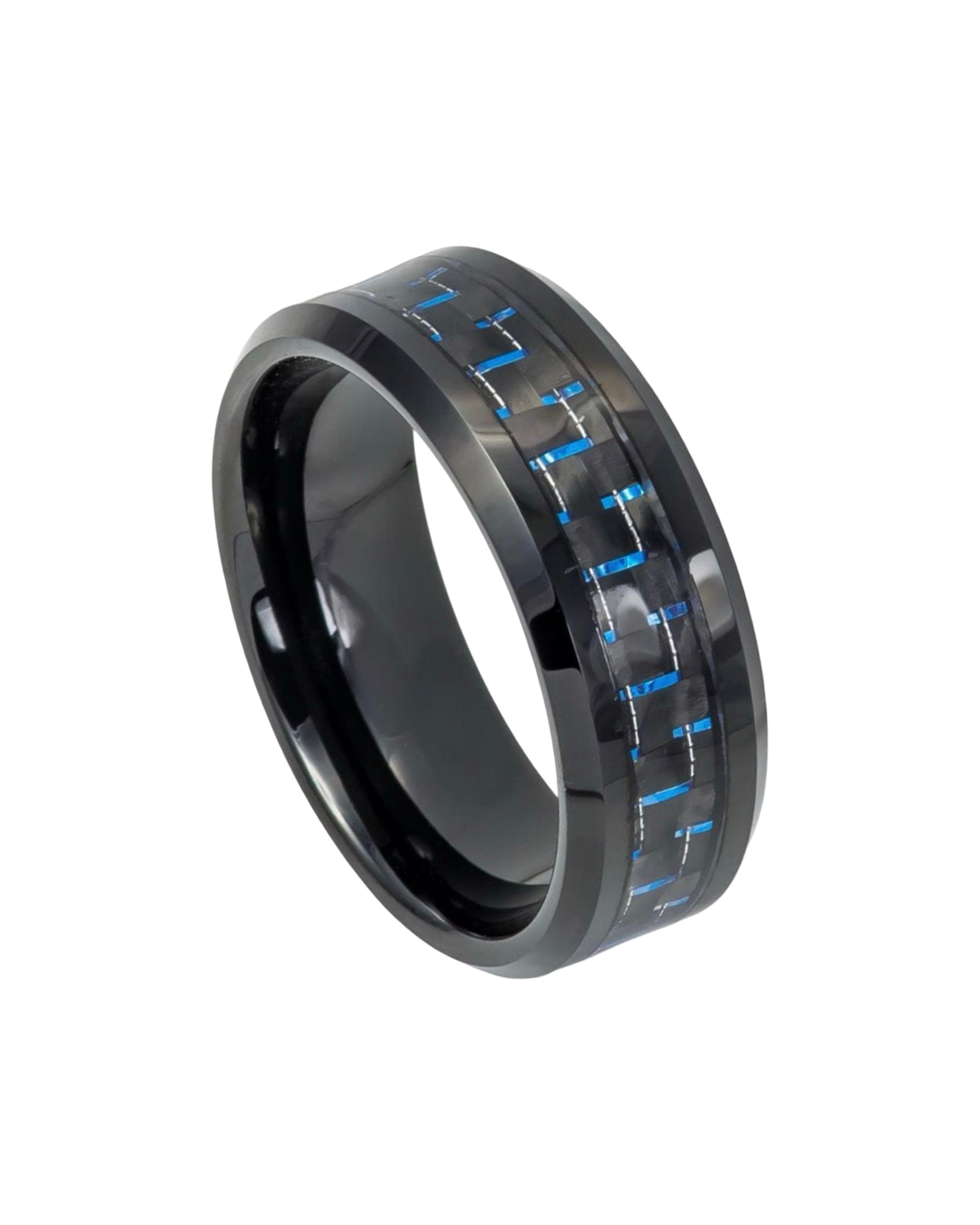 Tungsten Ring Beveled Edge Black IP Plated with Blue and Black Carbon Fiber Inlay – 8mm